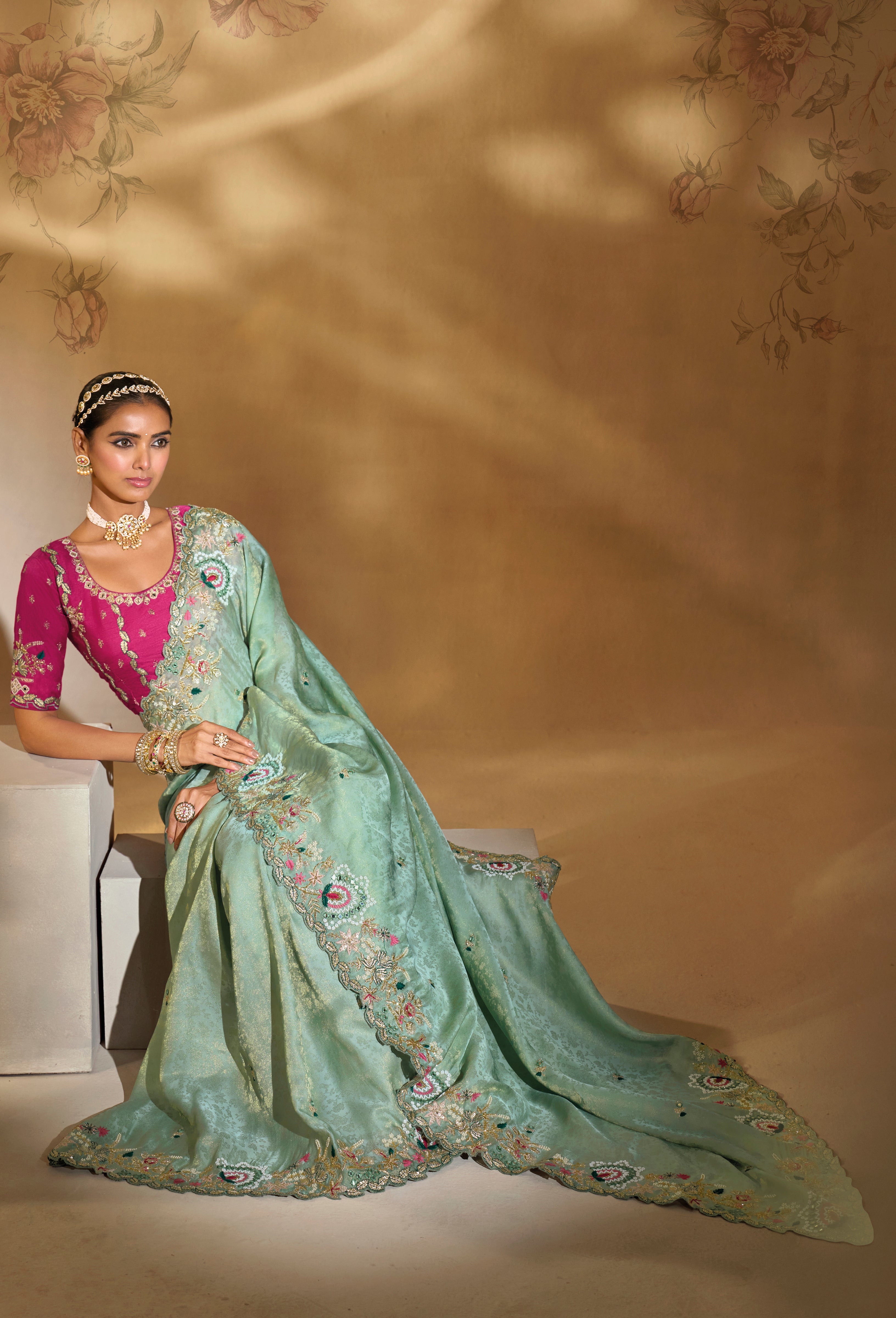 Sea Green Saree With  Jari, Thread, Moti, Cut-Dana With Mirror Heavy Work
