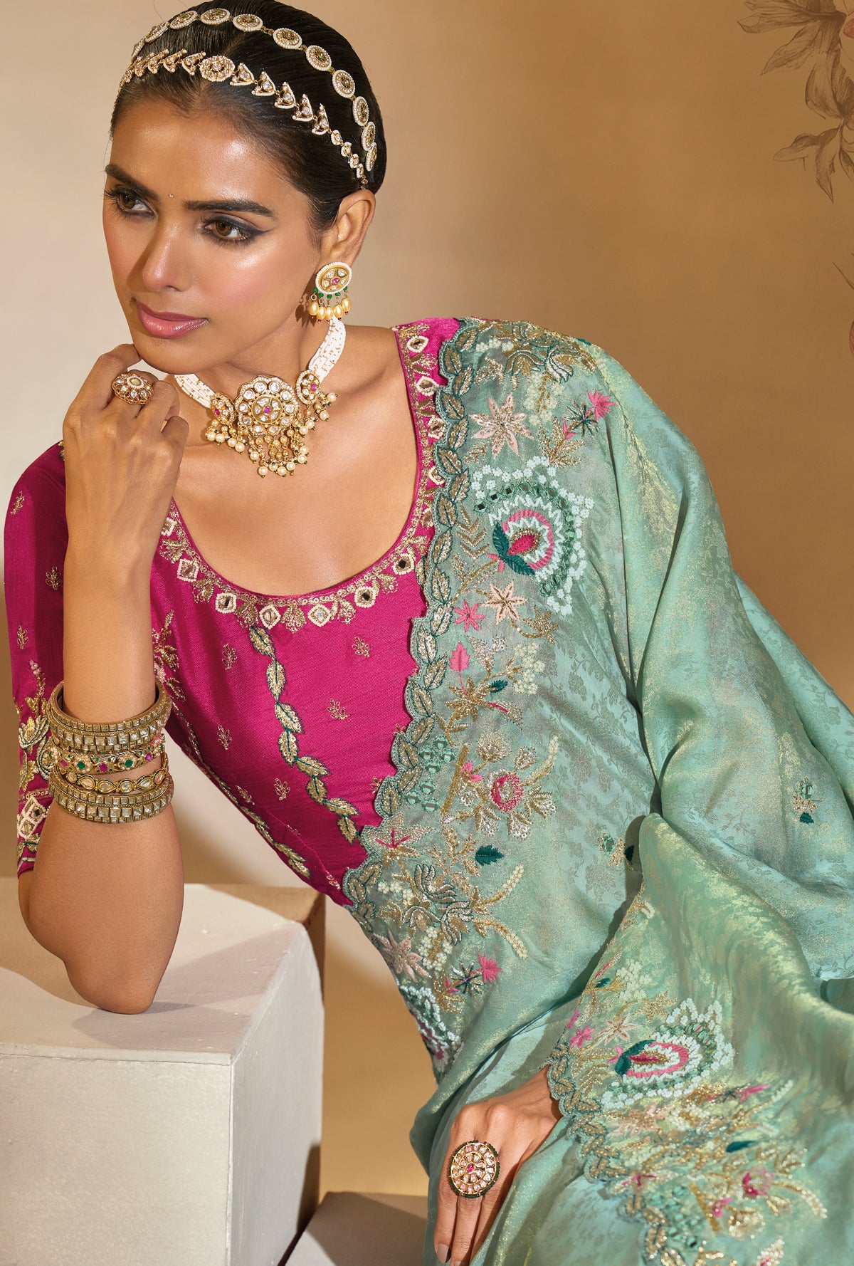 Sea Green Saree With  Jari, Thread, Moti, Cut-Dana With Mirror Heavy Work