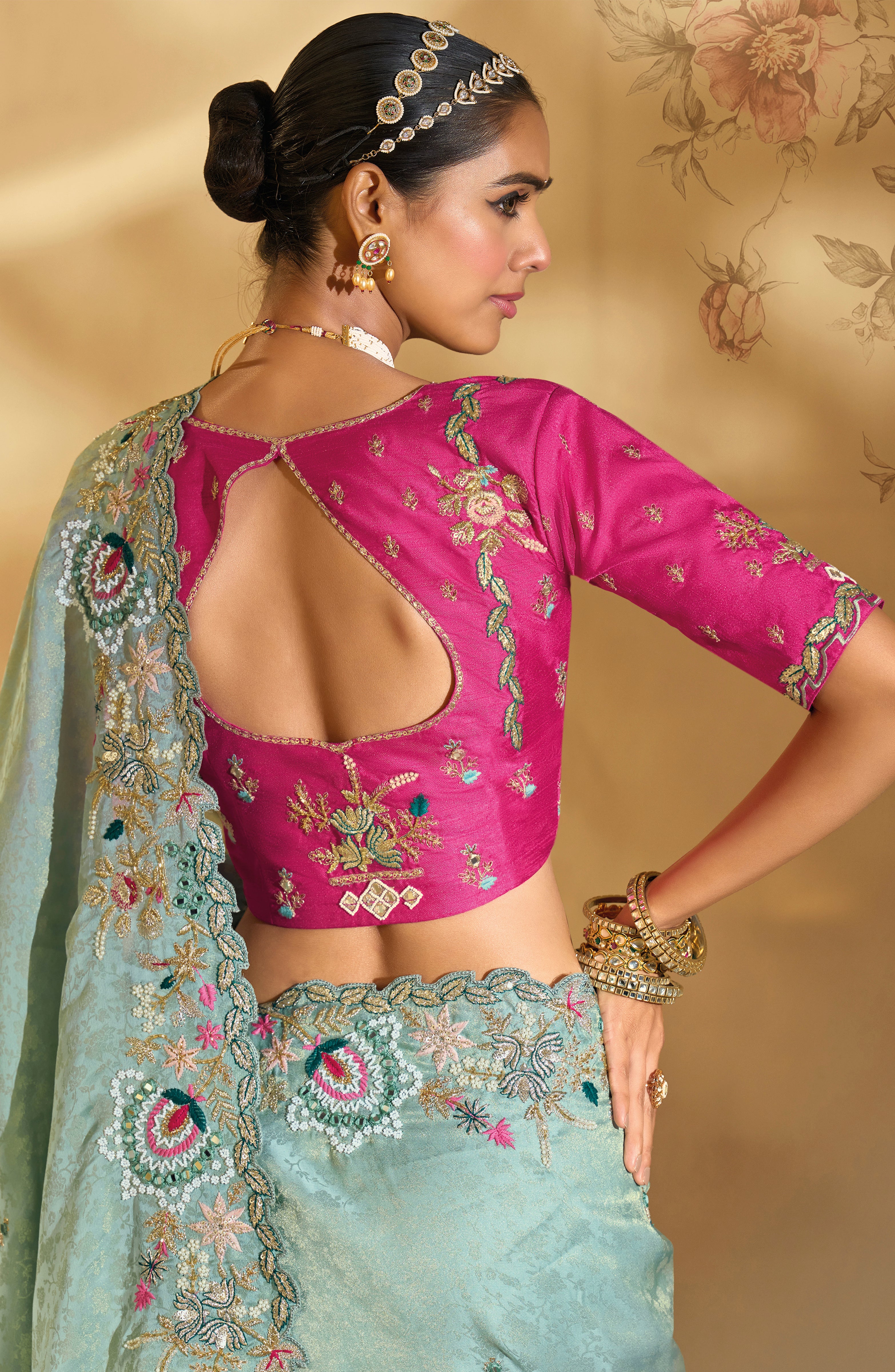 Sea Green Saree With  Jari, Thread, Moti, Cut-Dana With Mirror Heavy Work