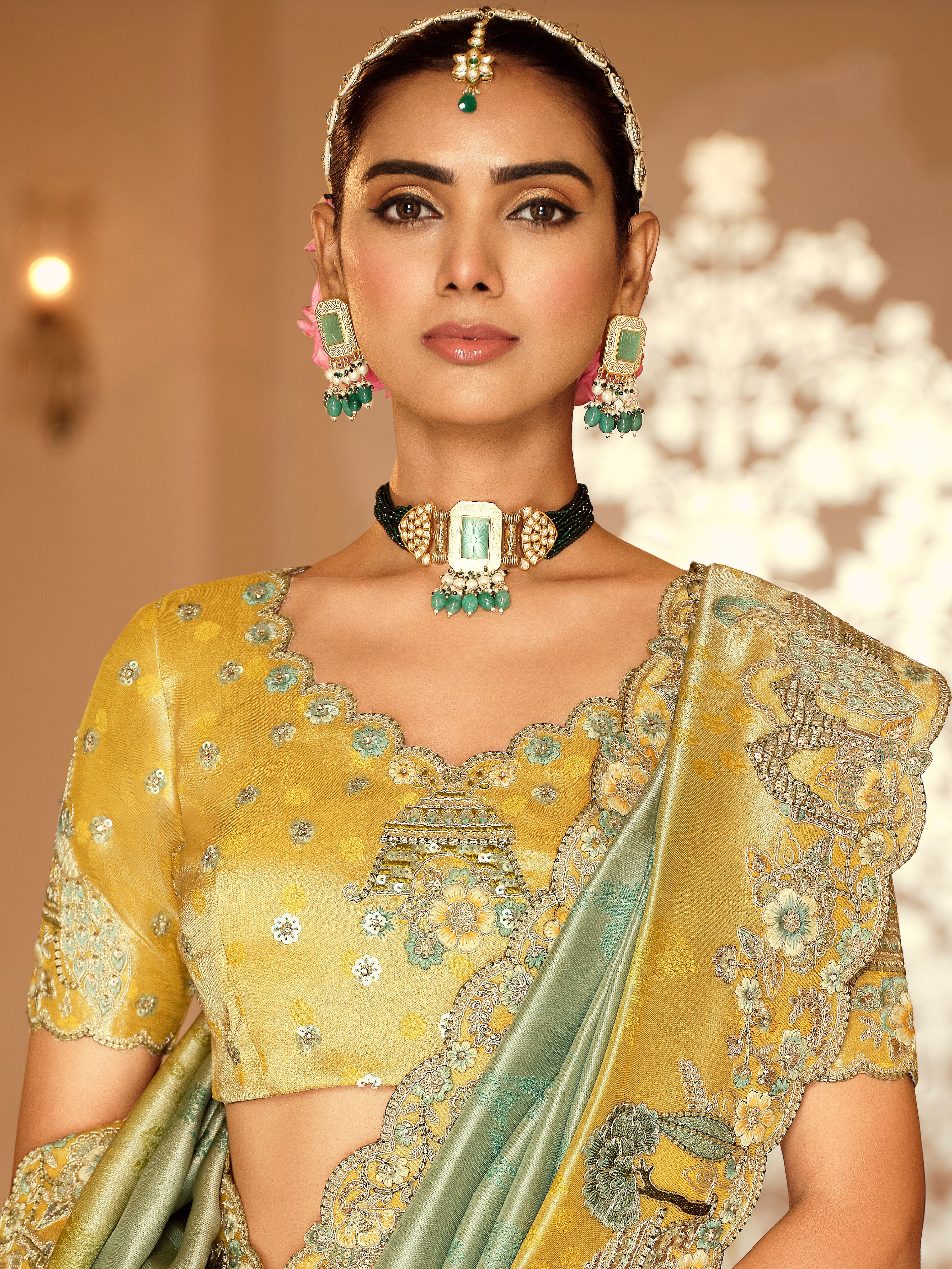 Sea Green Saree With  Zari weaving With Heavy Thread Embroidery With khatli work