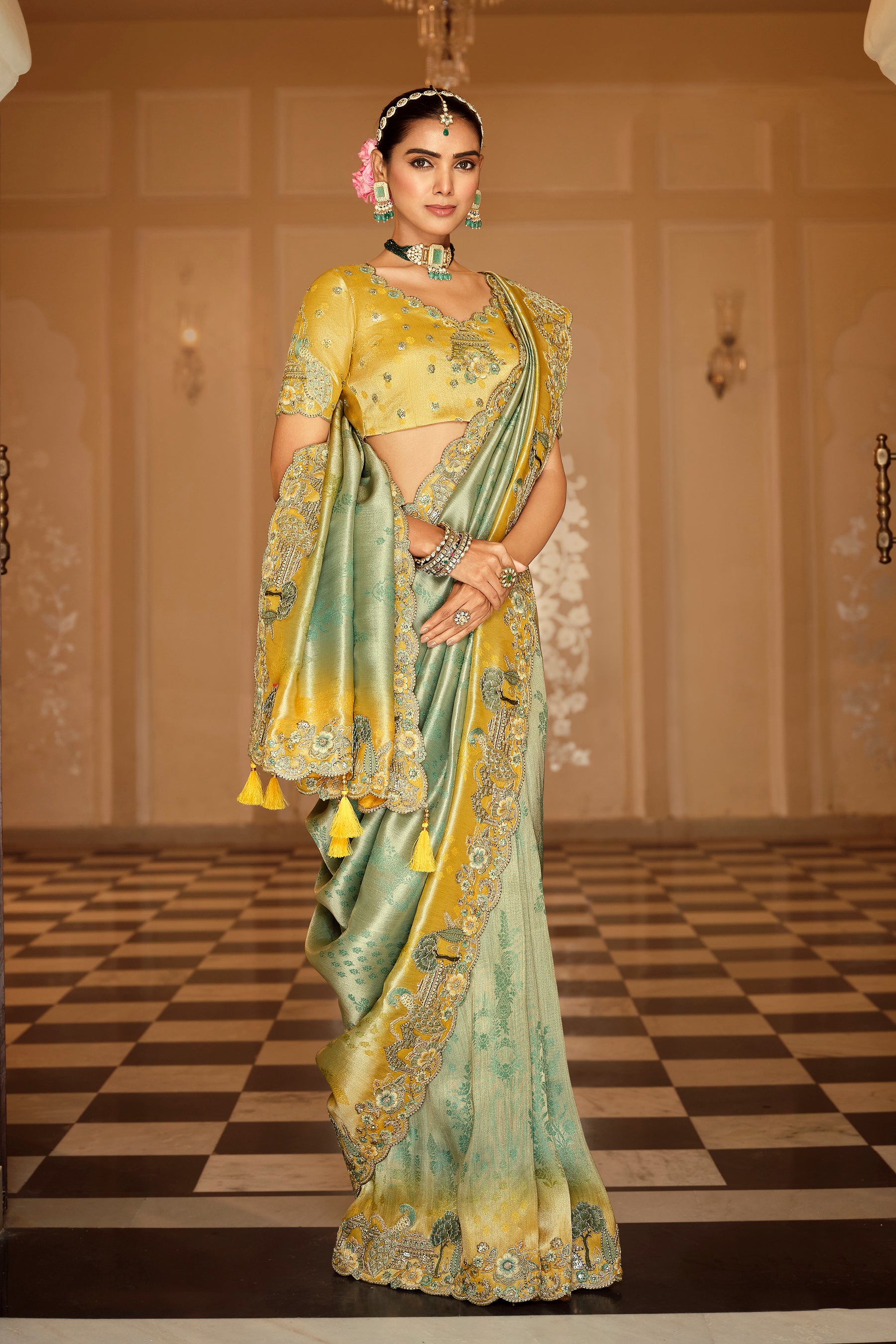 Sea Green Saree With  Zari weaving With Heavy Thread Embroidery With khatli work