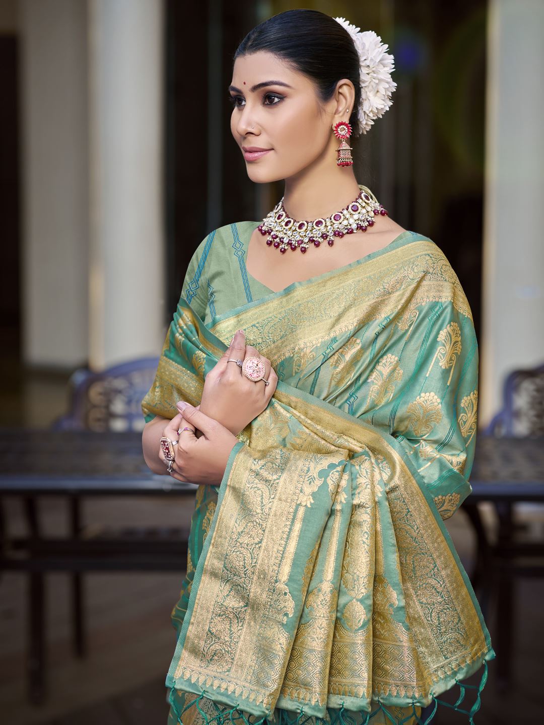 Sea Green Satin Silk Classic Saree