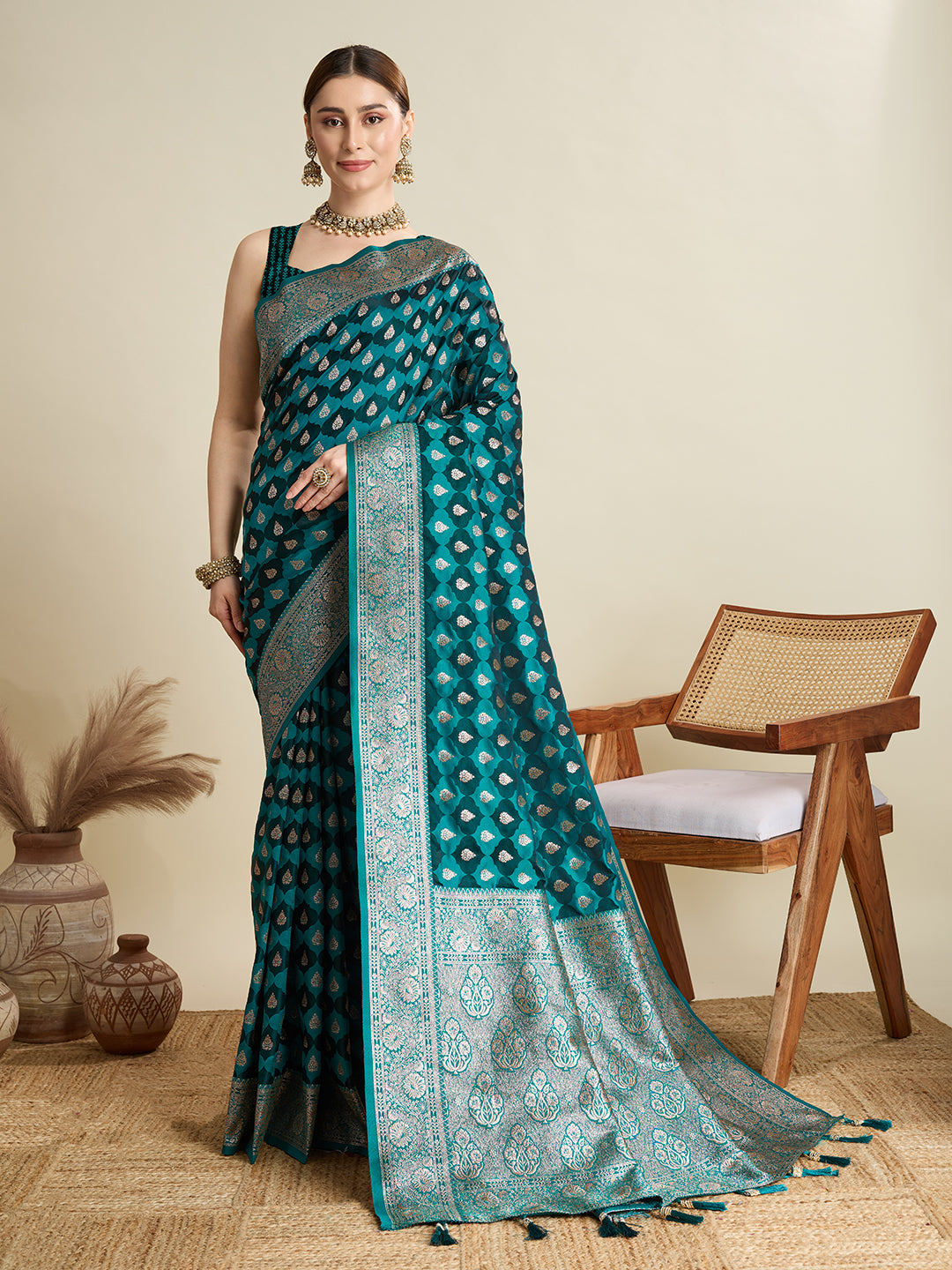 Sea Green Satin Silk Woven Jari Designer Graceful Ethnic Saree