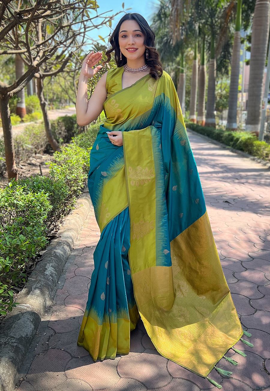 Sea Green Silk Blend Saree With Floral Border Zari Woven Work