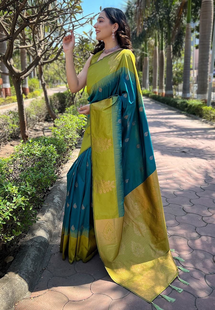 Sea Green Silk Blend Saree With Floral Border Zari Woven Work
