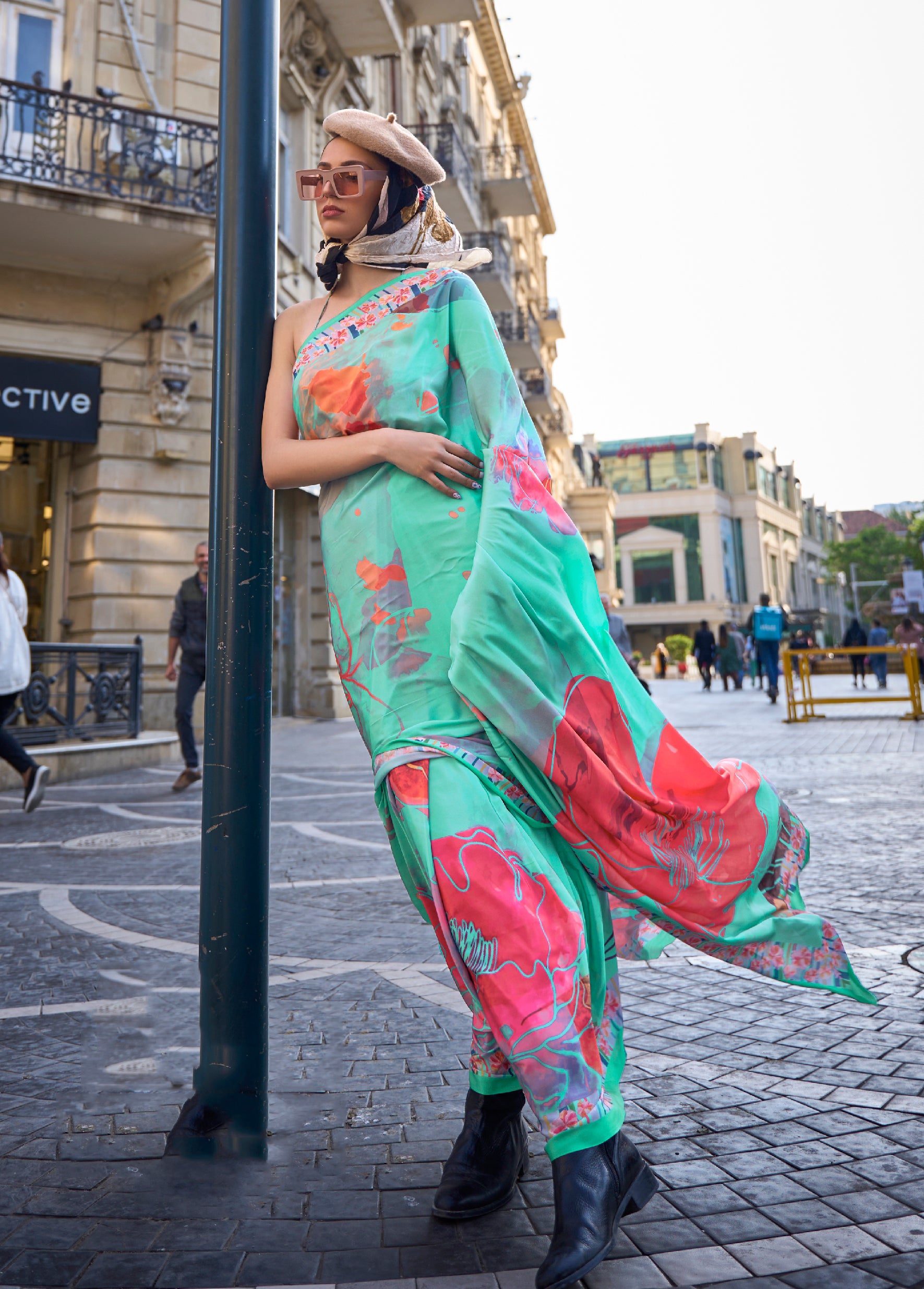 Sea Green Silk Crepe  Saree With Digital Printed Work