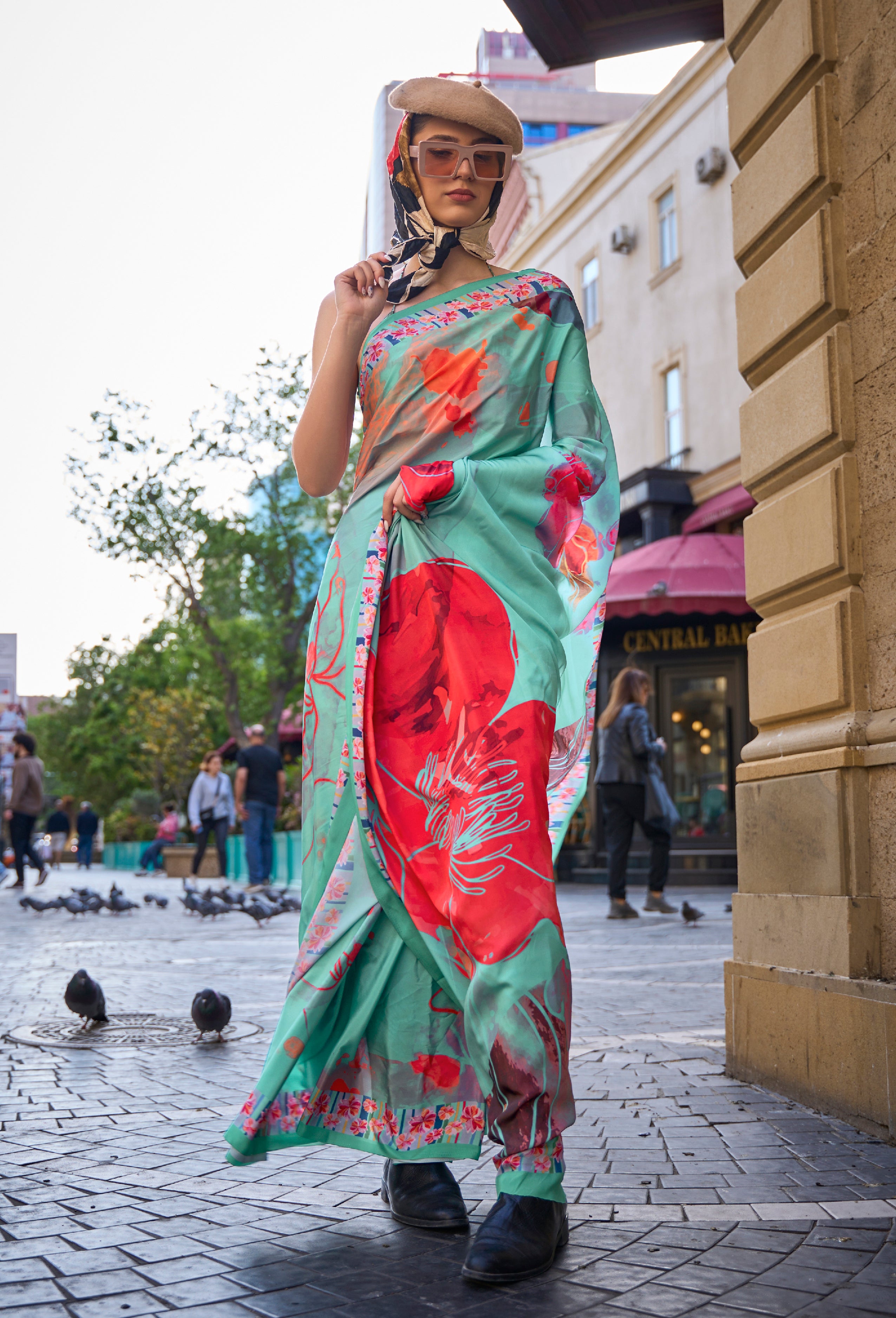 Sea Green Silk Crepe  Saree With Digital Printed Work