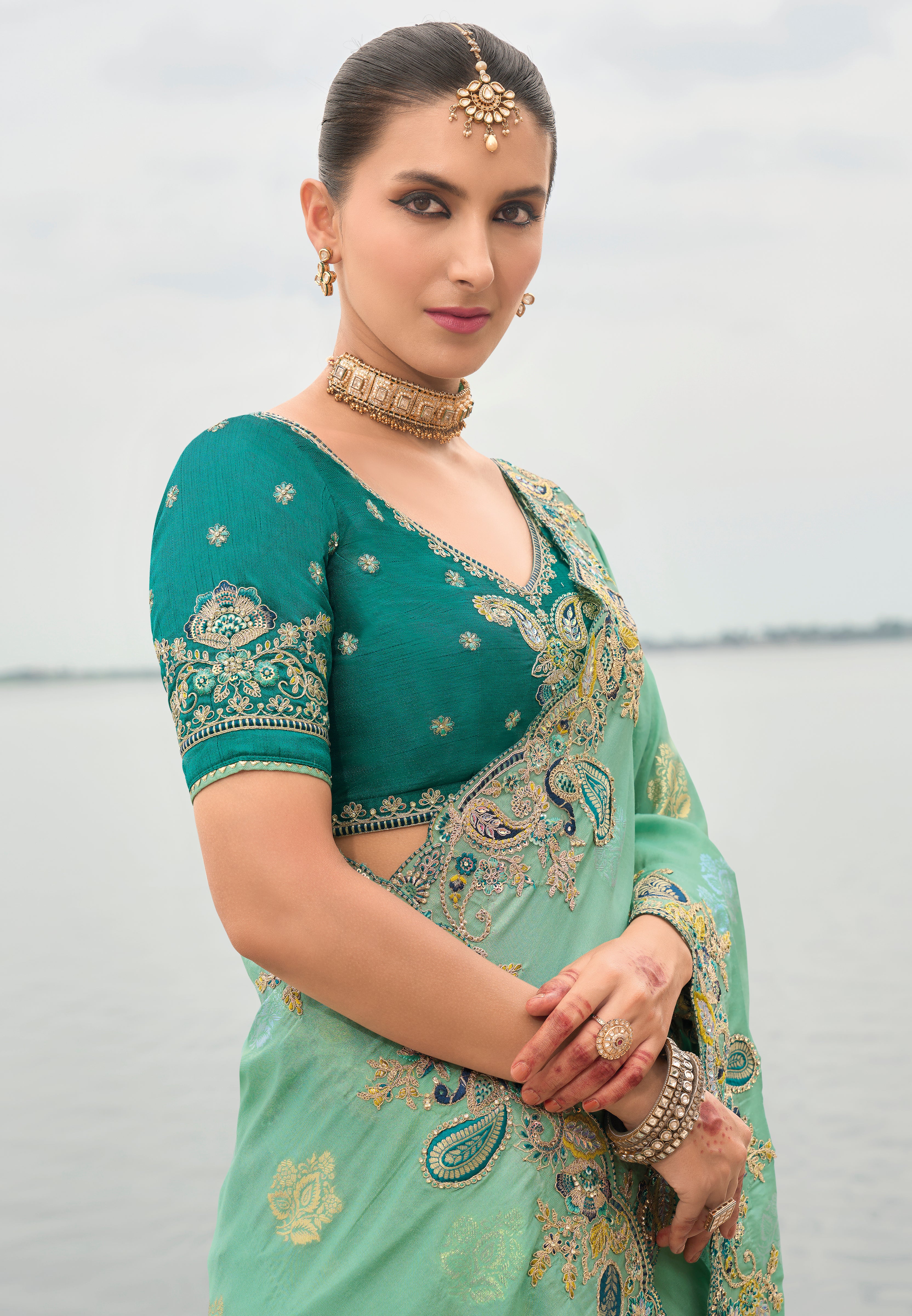 Sea Green Silk Saree With  Embroidery Work