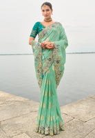 Sea Green Silk Saree With  Embroidery Work