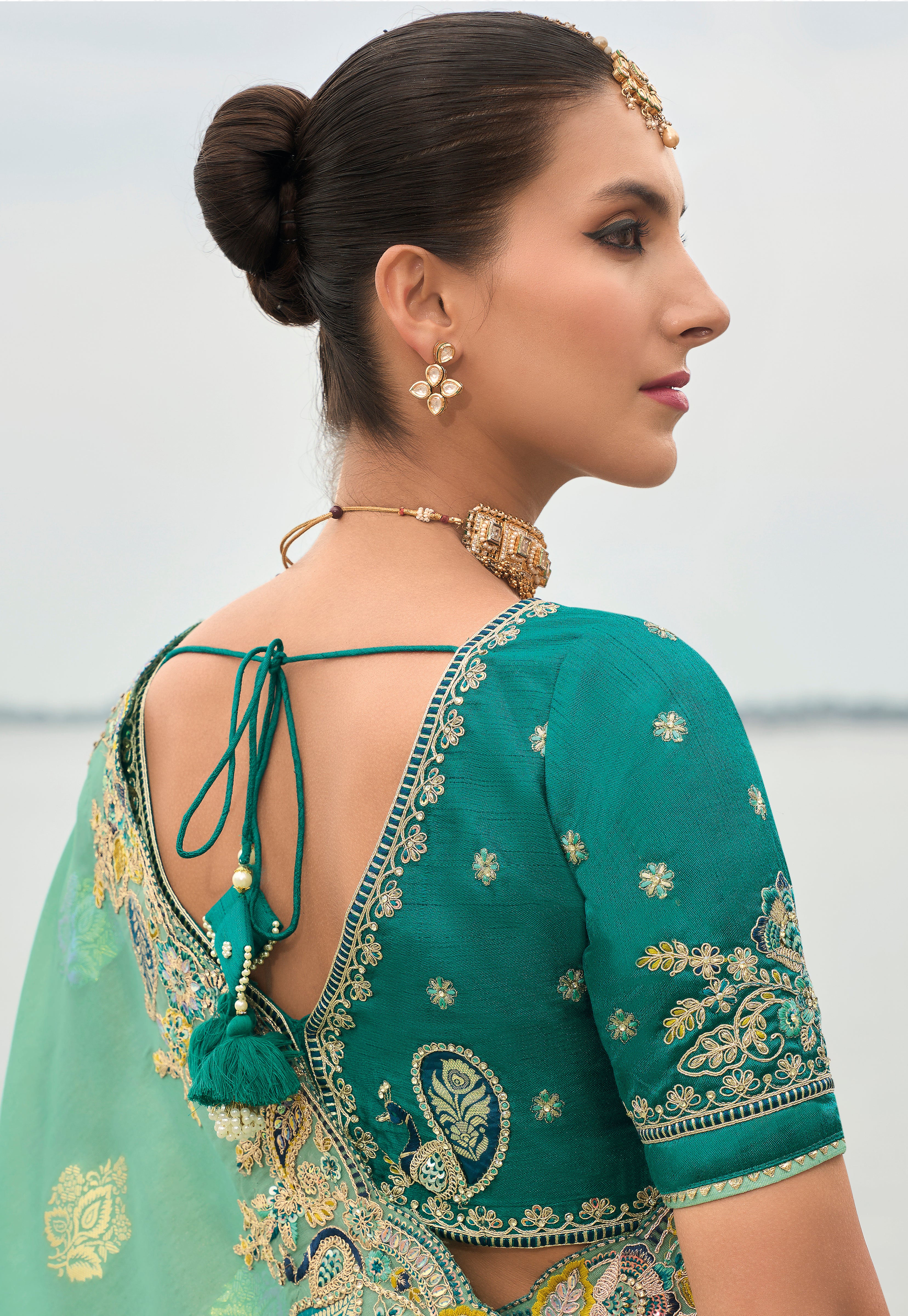 Sea Green Silk Saree With  Embroidery Work
