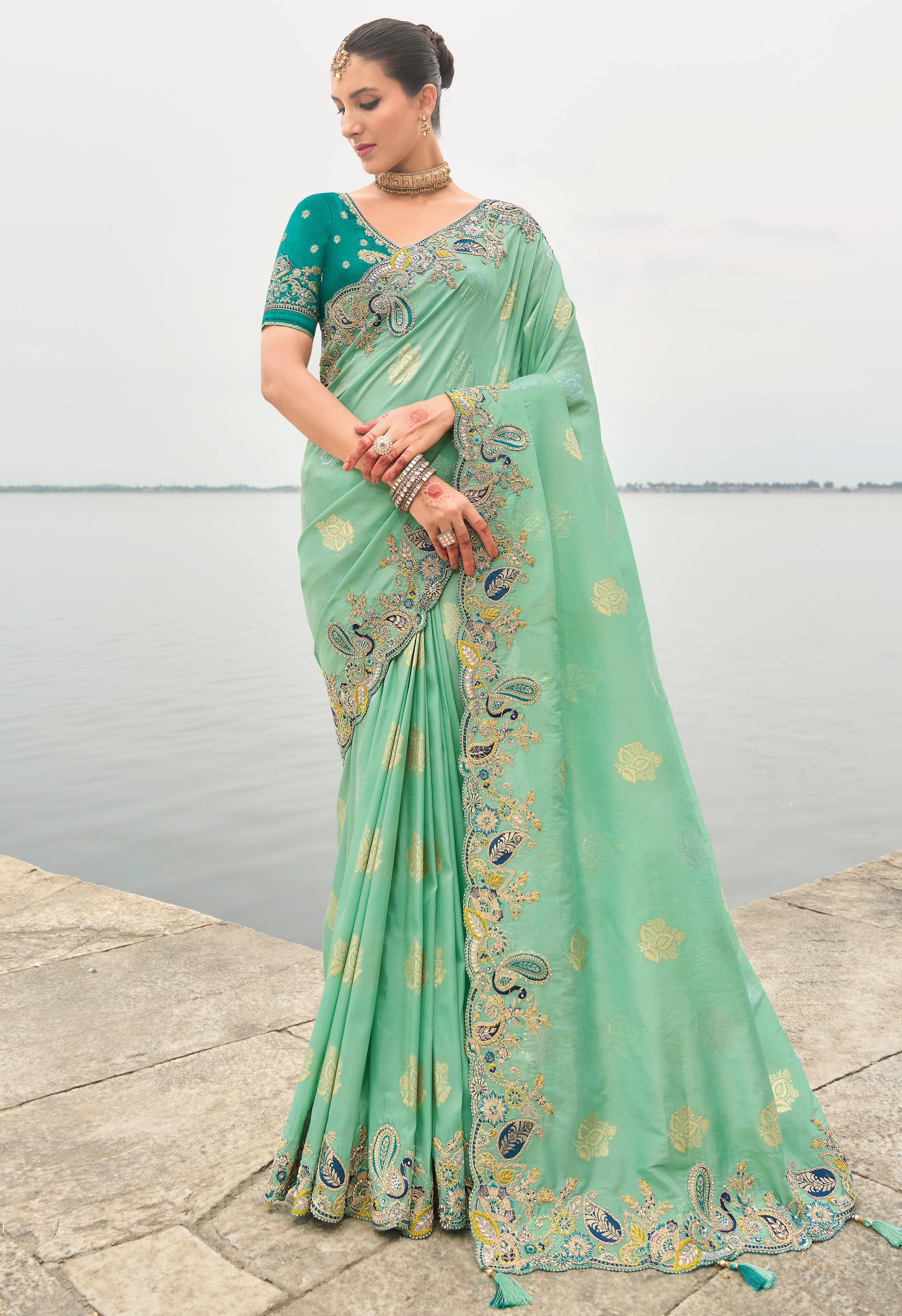 Sea Green Silk Saree With  Embroidery Work