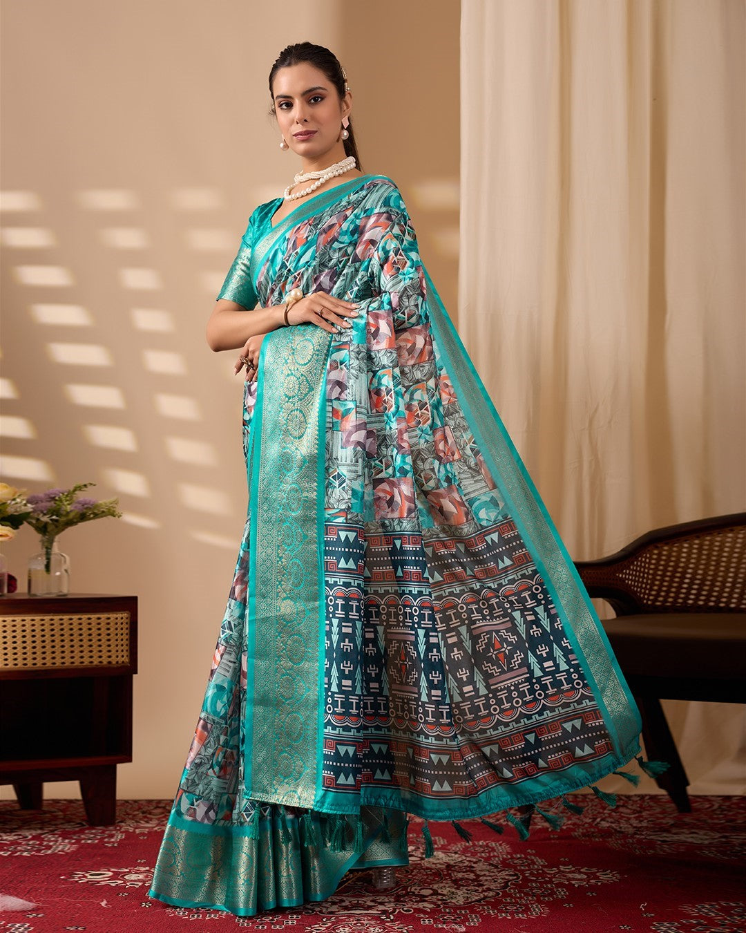 Sea Green Soft Lichi Silk Saree With Digital Printed Premium Festive Saree