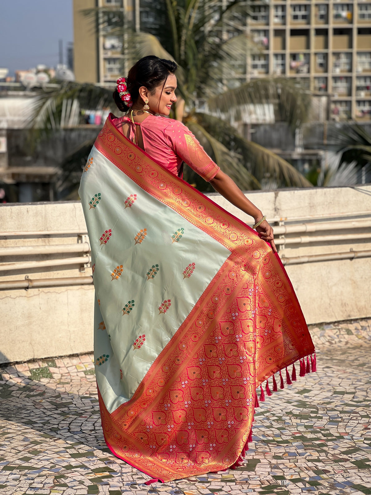 Sea Green Soft Silk Woven Meenakari Designer Heavy Ceremonial Saree
