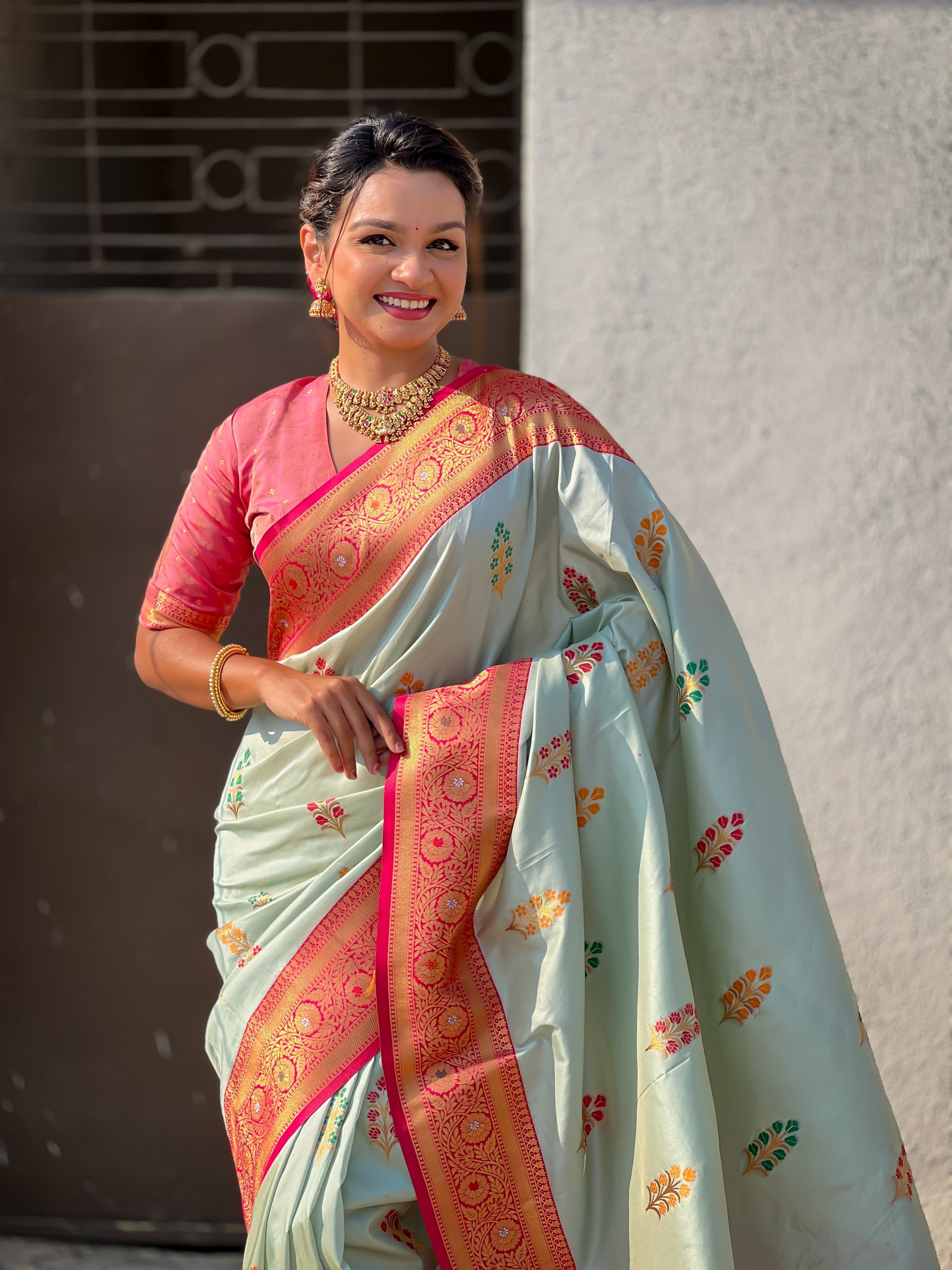 Sea Green Soft Silk Woven Meenakari Designer Heavy Ceremonial Saree