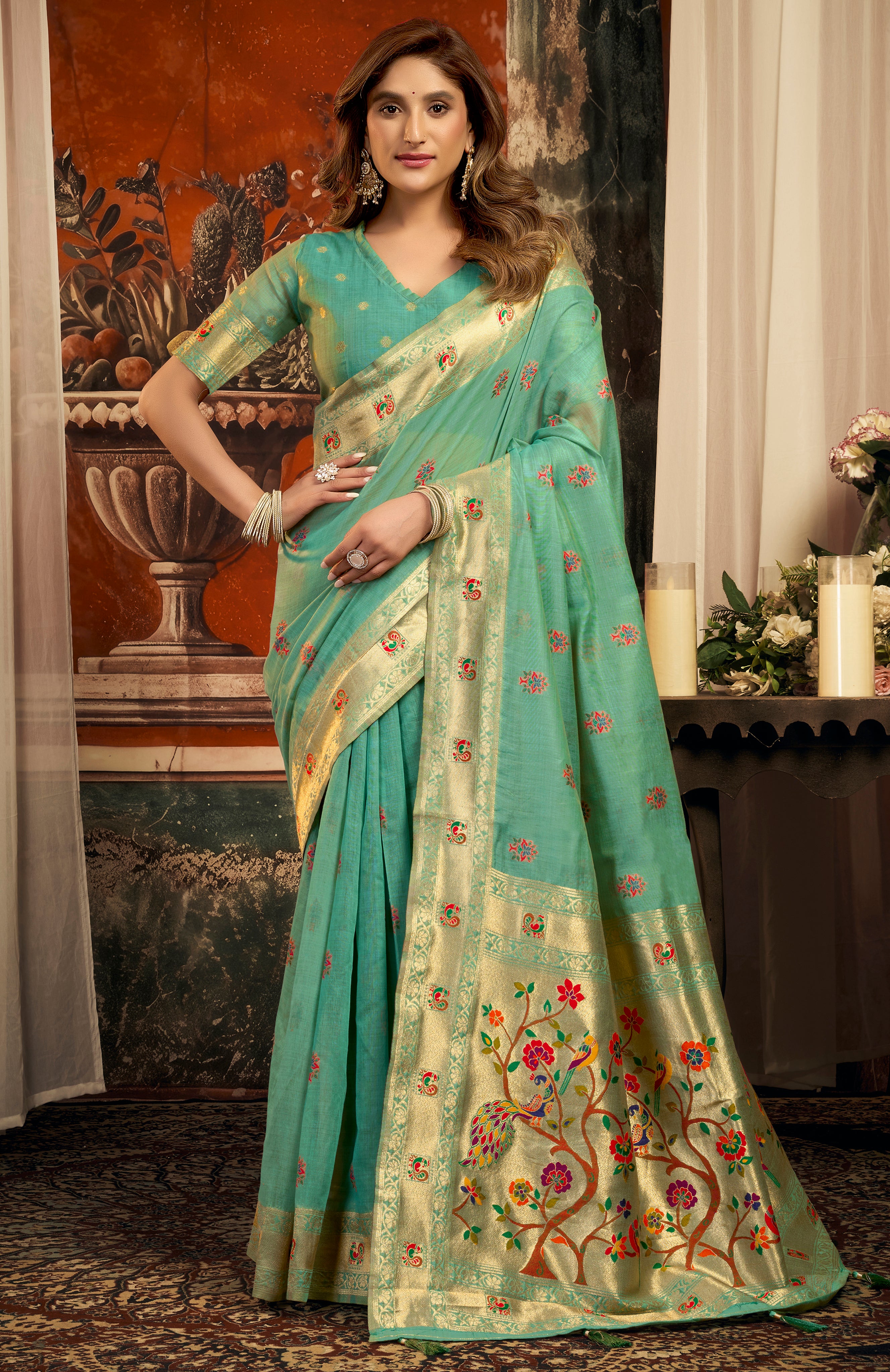 Sea Green Super Kota Saree with Rich Paithani Weaving