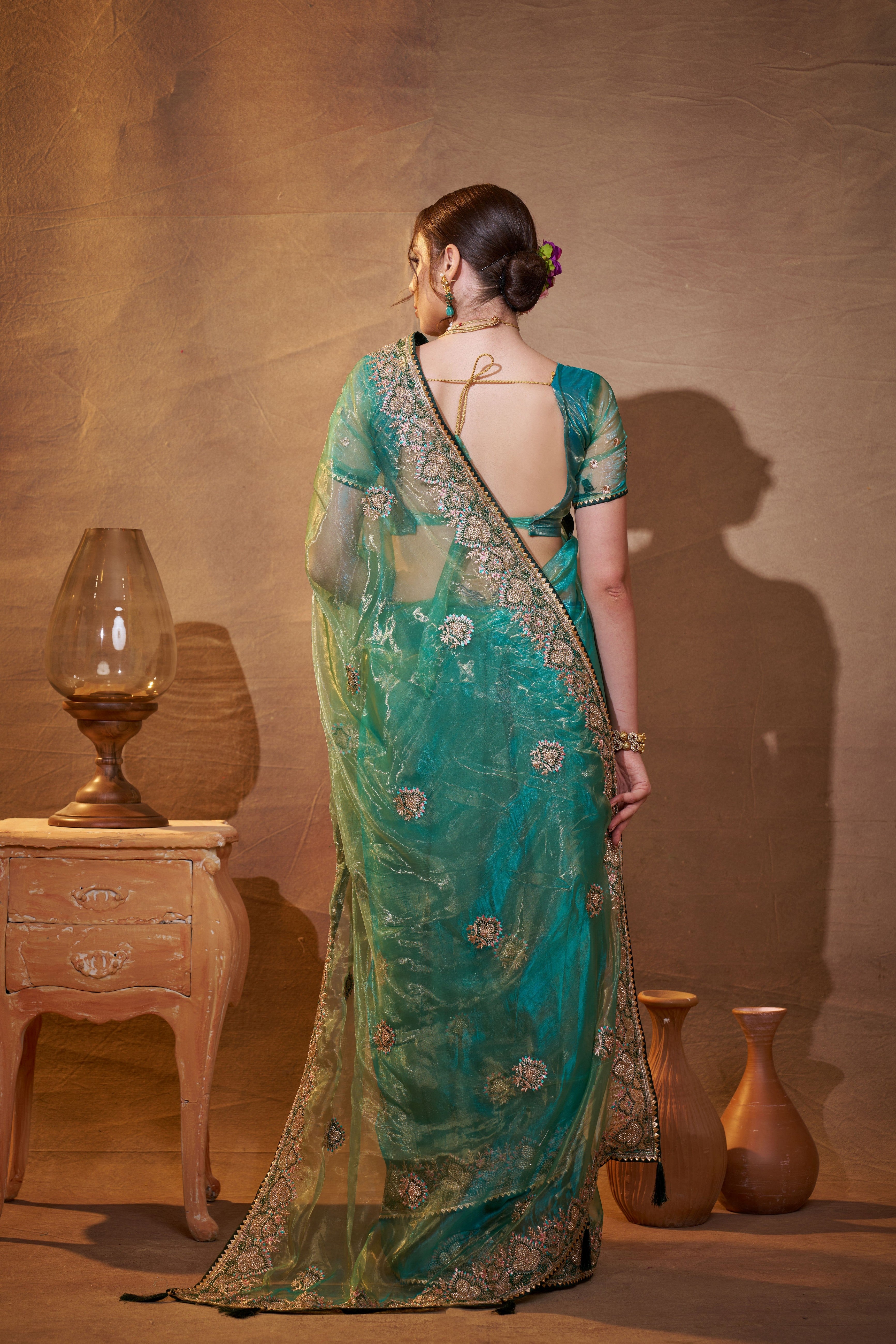 Sea Green Tissue Organza Designer Partywear Saree For Rich Indian Looks