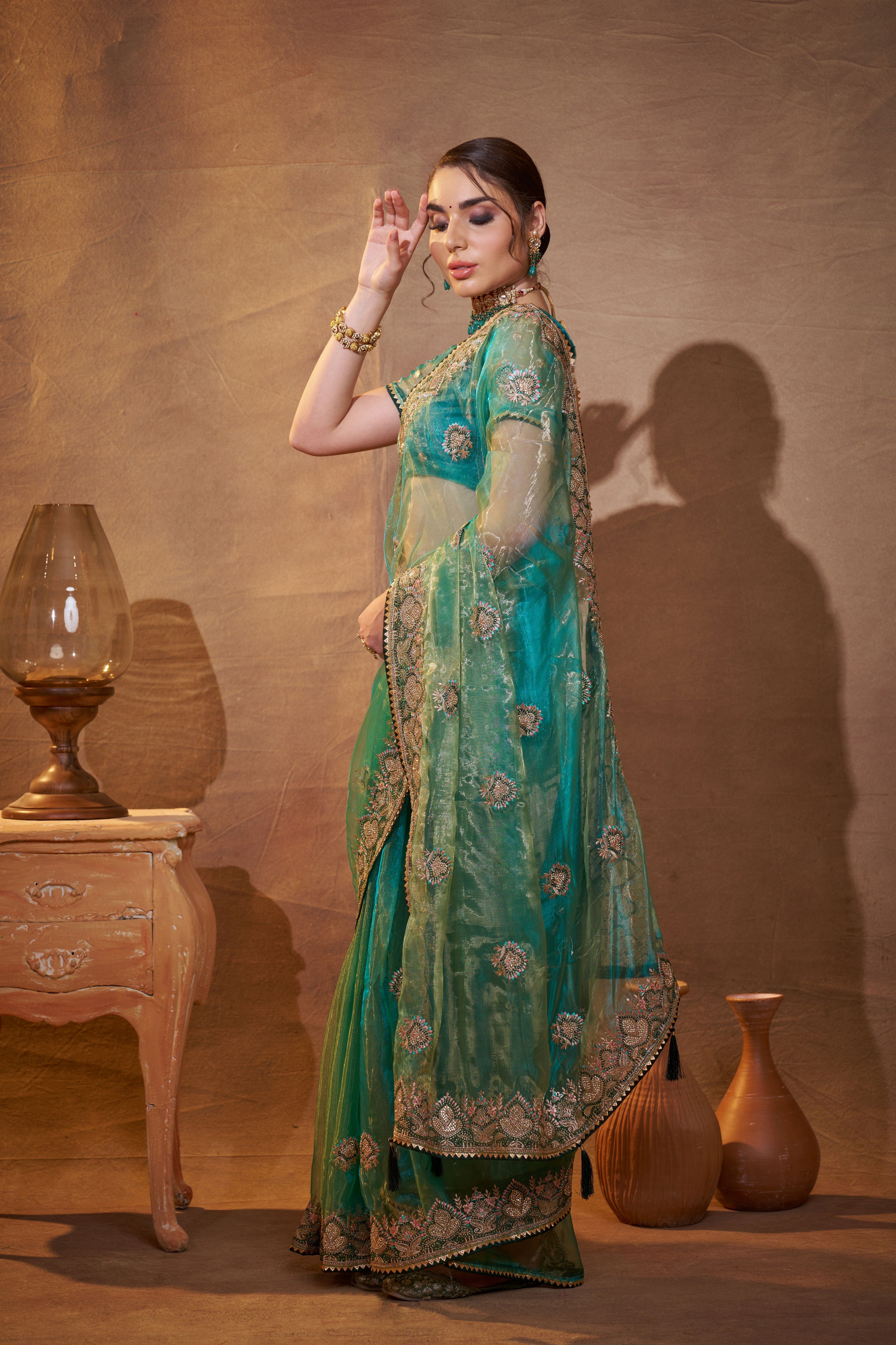 Sea Green Tissue Organza Designer Partywear Saree For Rich Indian Looks