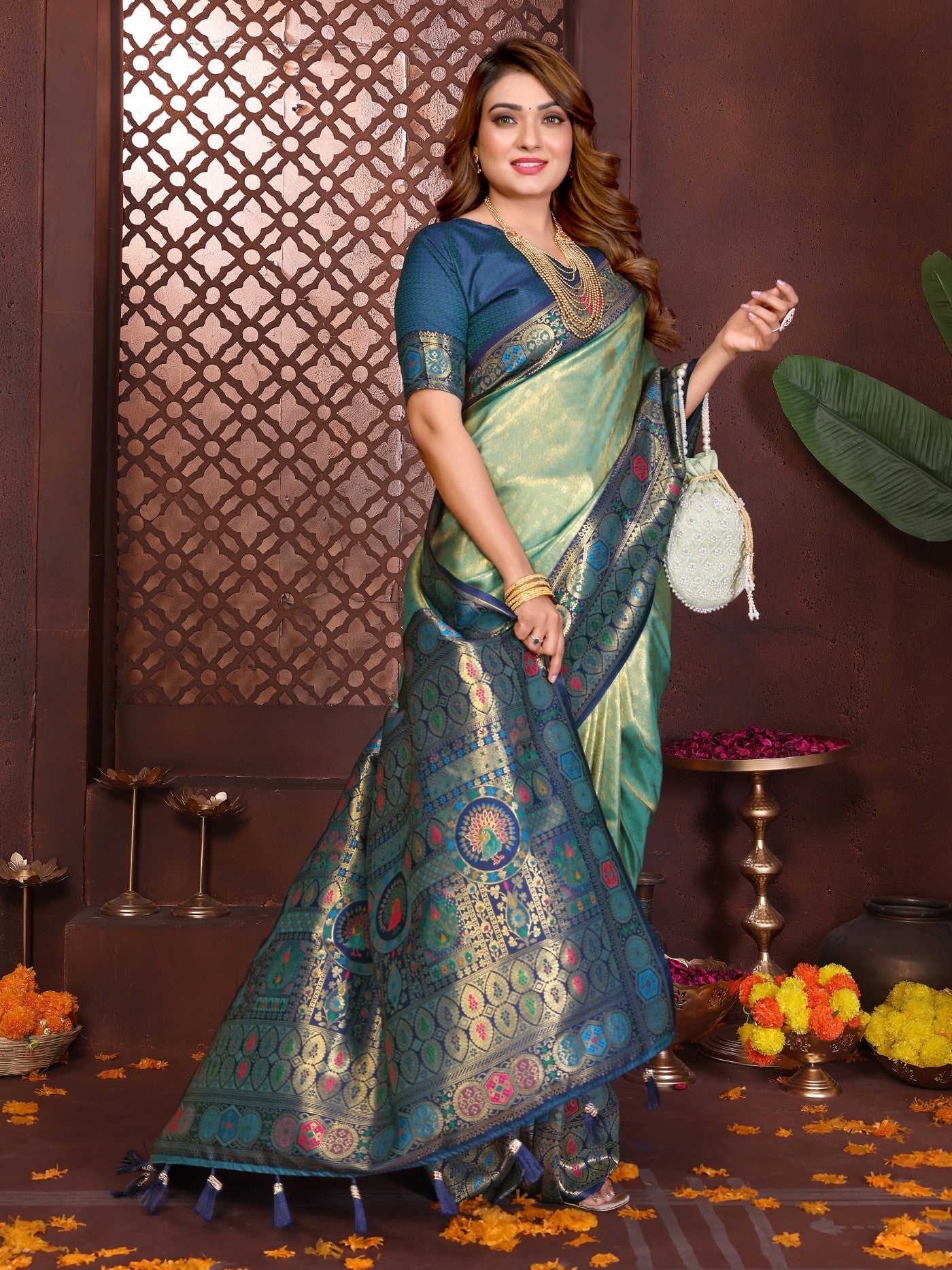 Sea Green Tissue Silk Saree With Classic Weaving