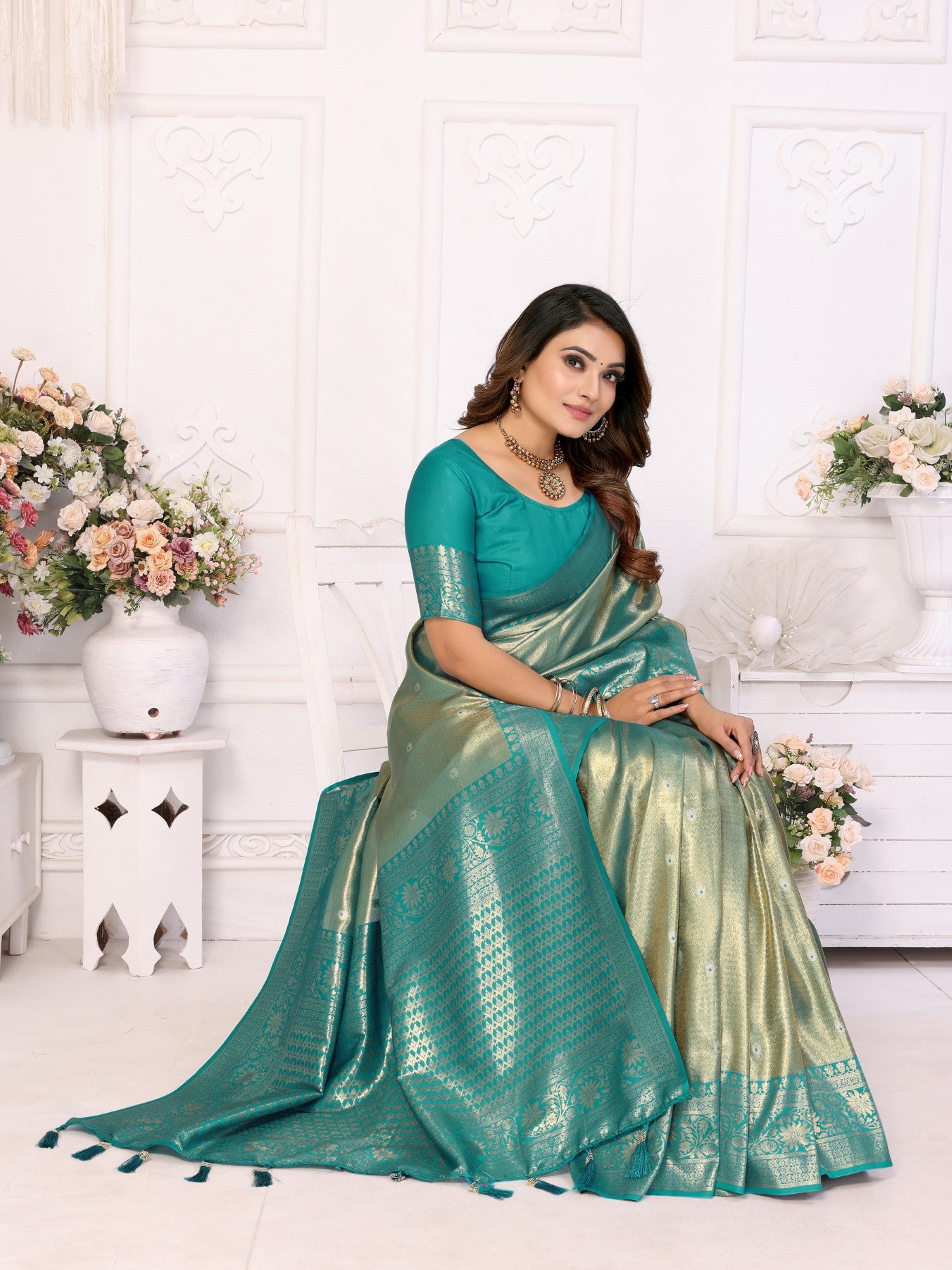 Sea Green Tissue Silk Saree With Classic Weaving