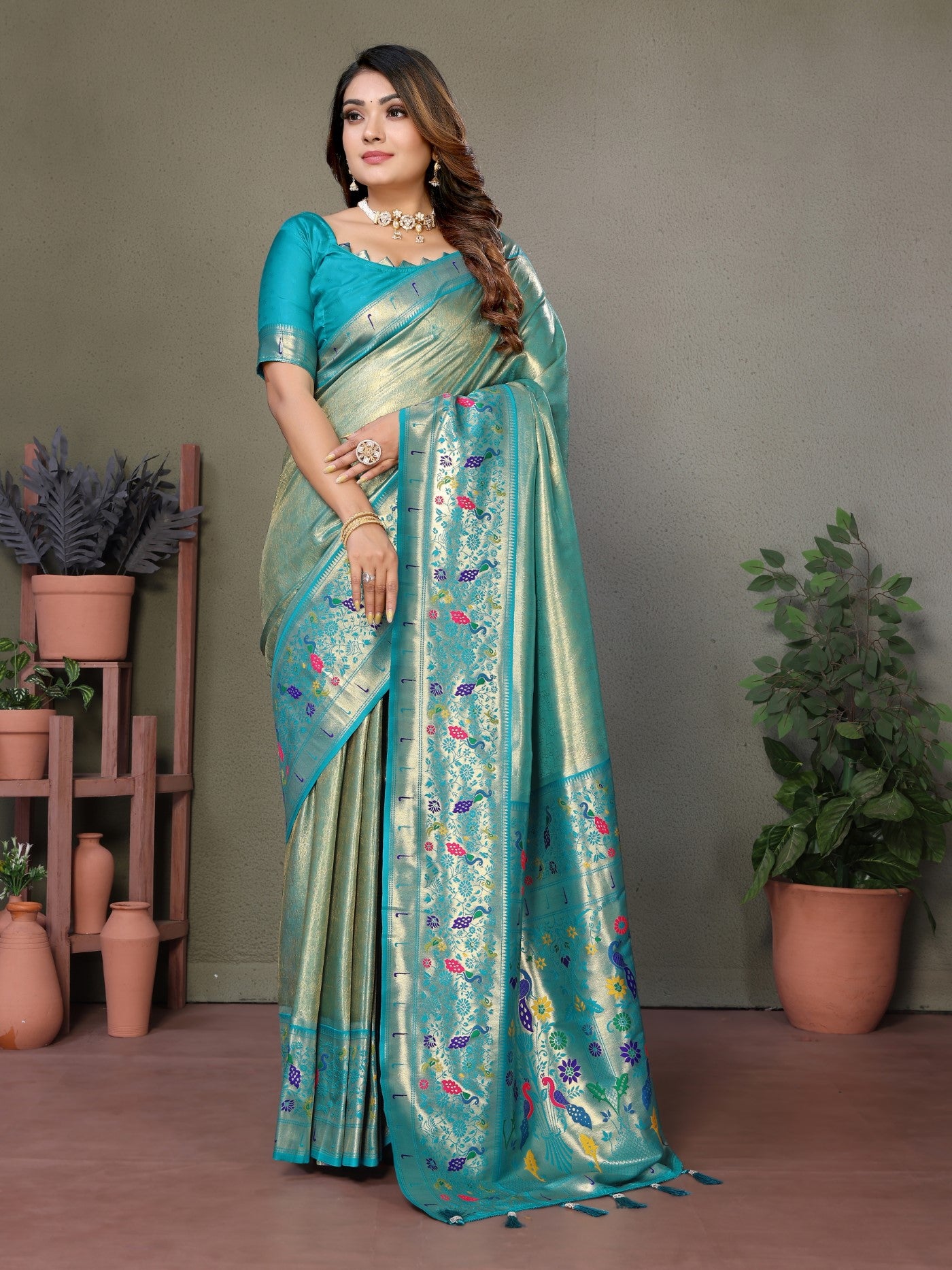 Sea Green Tissue Silk Saree With Paithani Woven