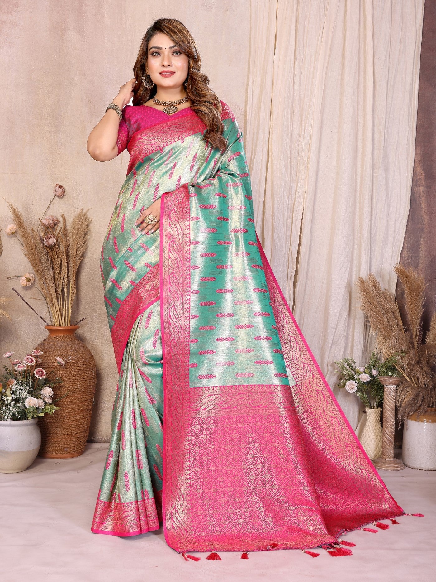 Sea Green Tissue Silk Saree With Paithani Woven