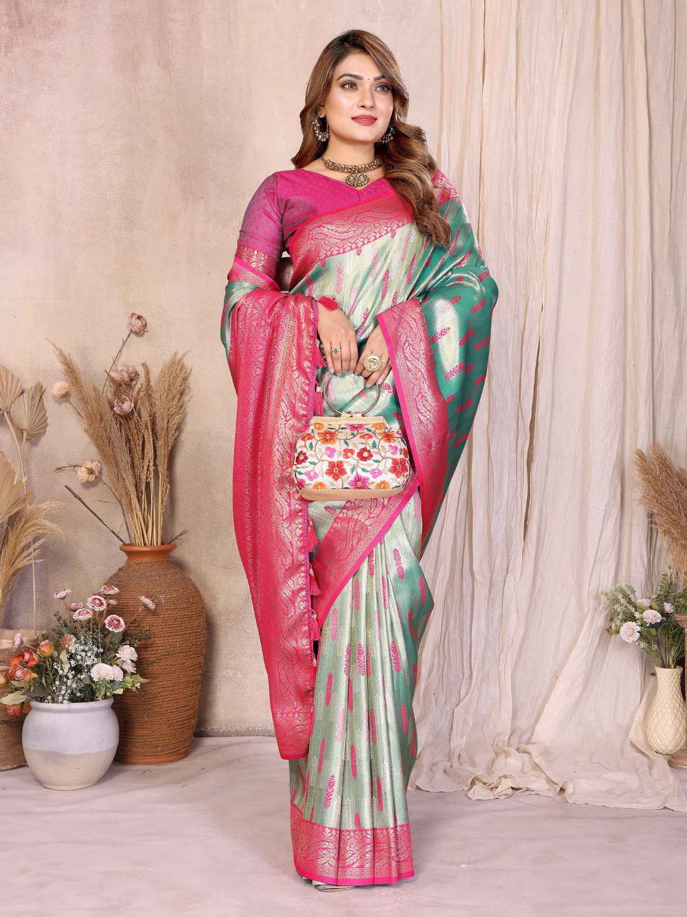 Sea Green Tissue Silk Saree With Paithani Woven