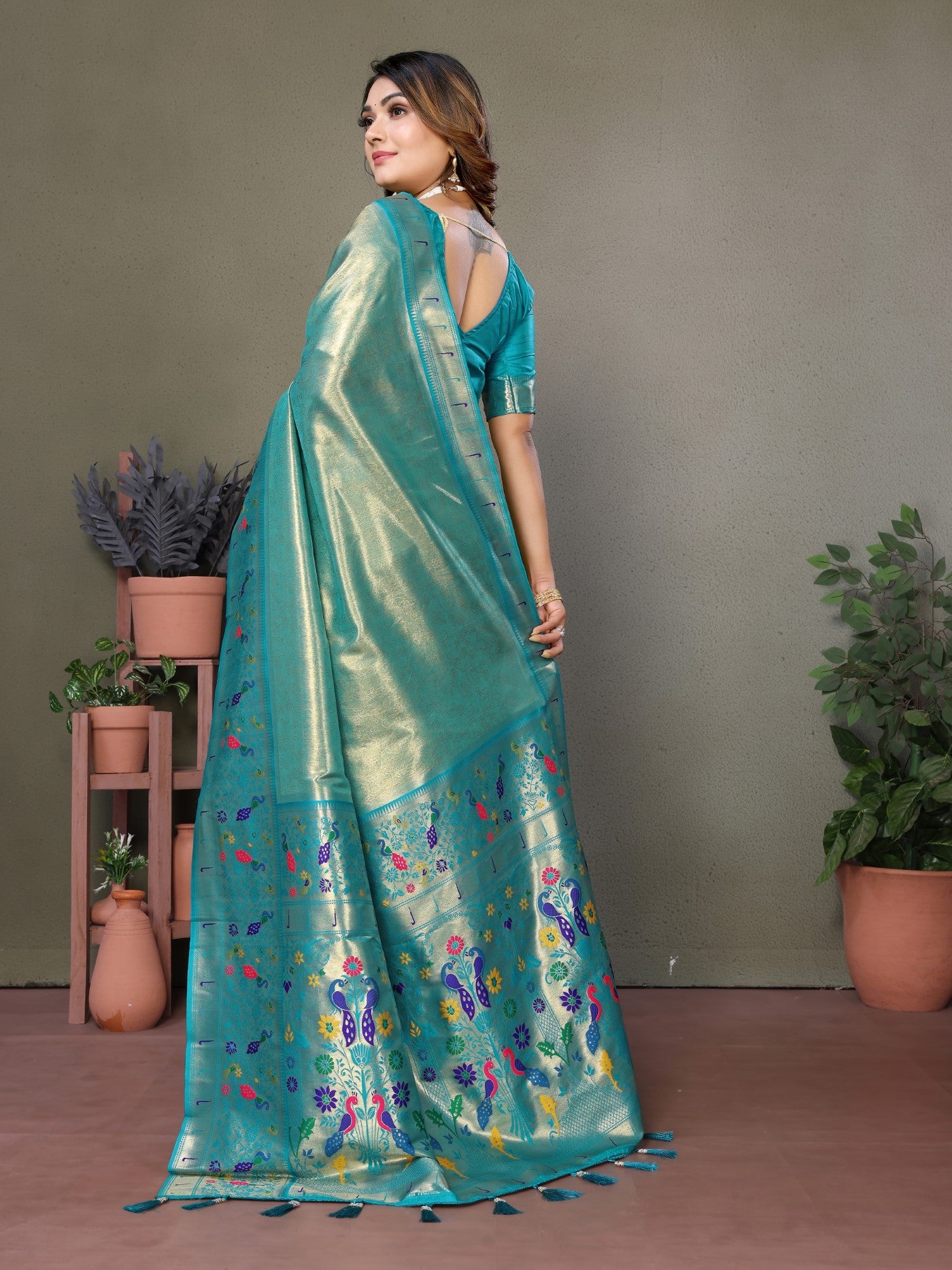 Sea Green Tissue Silk Saree With Paithani Woven