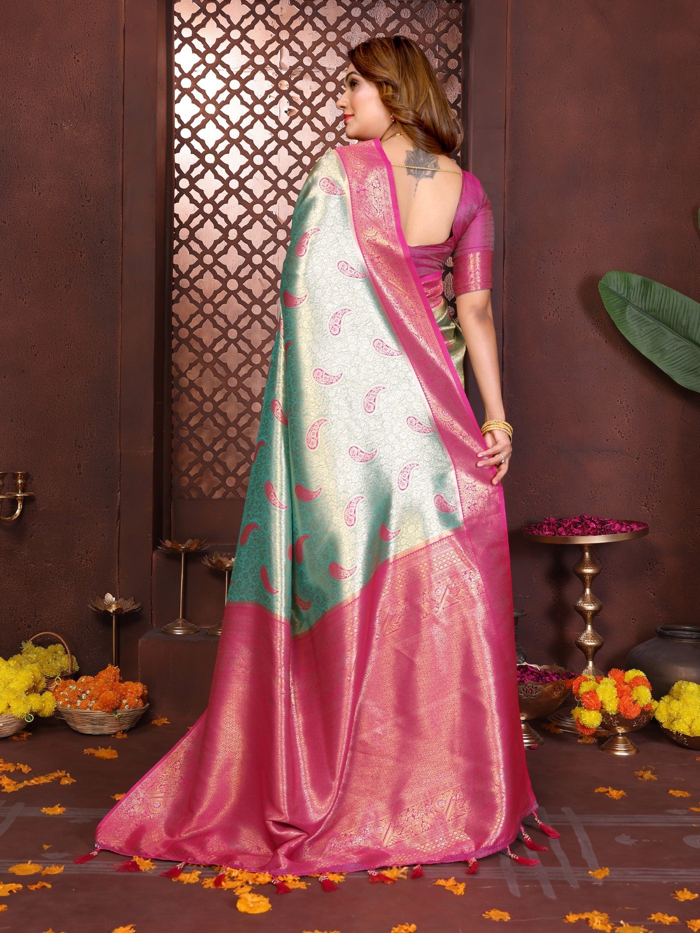 Sea Green Tissue Silk Saree With Traditional Weaving
