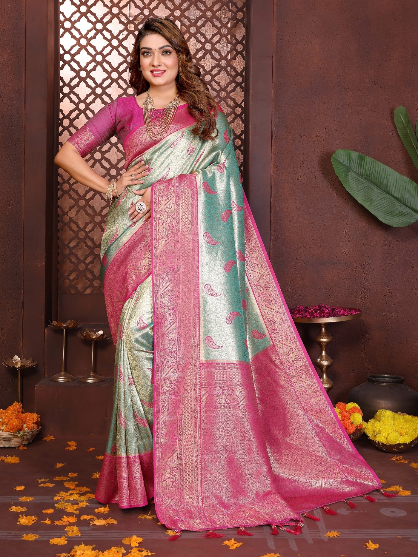 Sea Green Tissue Silk Saree With Traditional Weaving
