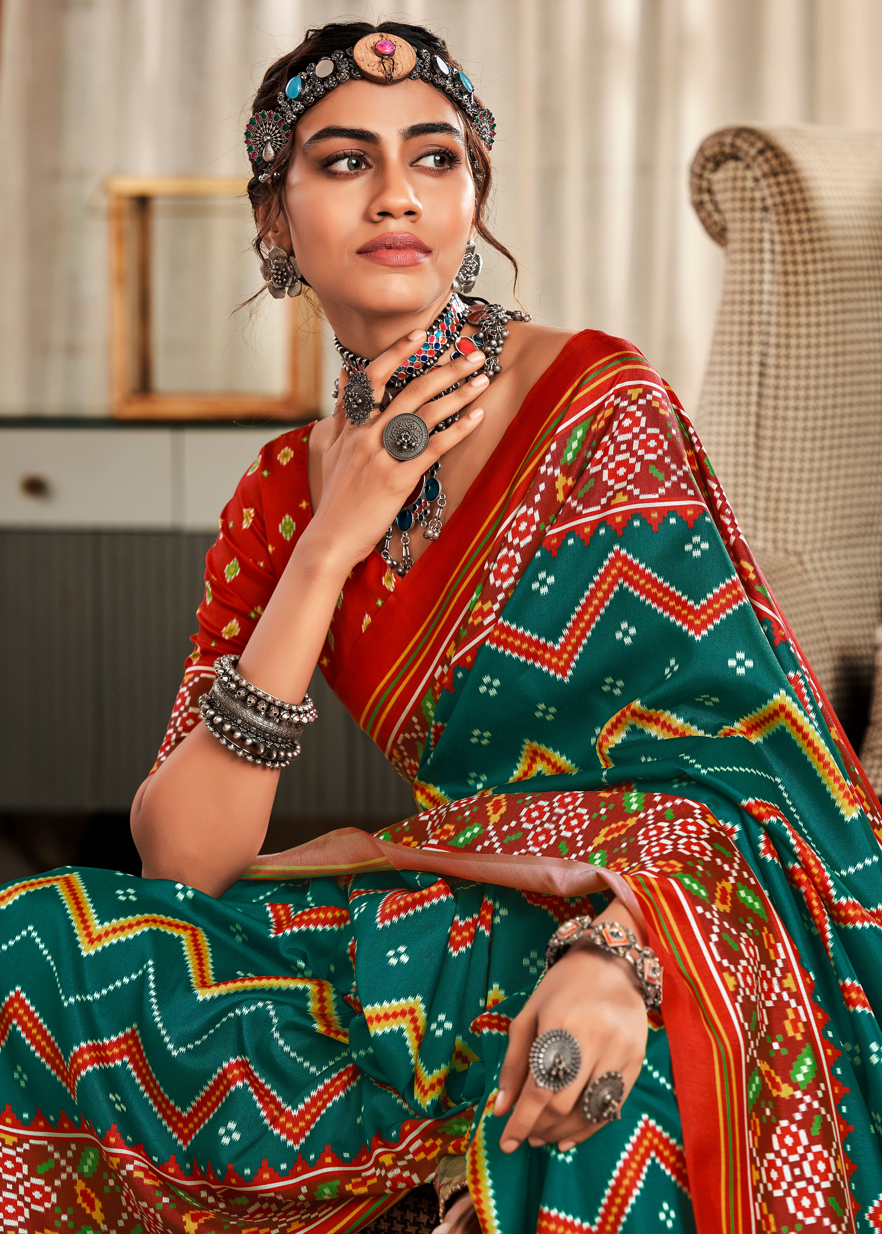 Sea Green Tussar Silk Saree With  Patola Digital Print with Lagadi Patta Pallu