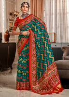 Sea Green Tussar Silk Saree With  Patola Digital Print with Lagadi Patta Pallu