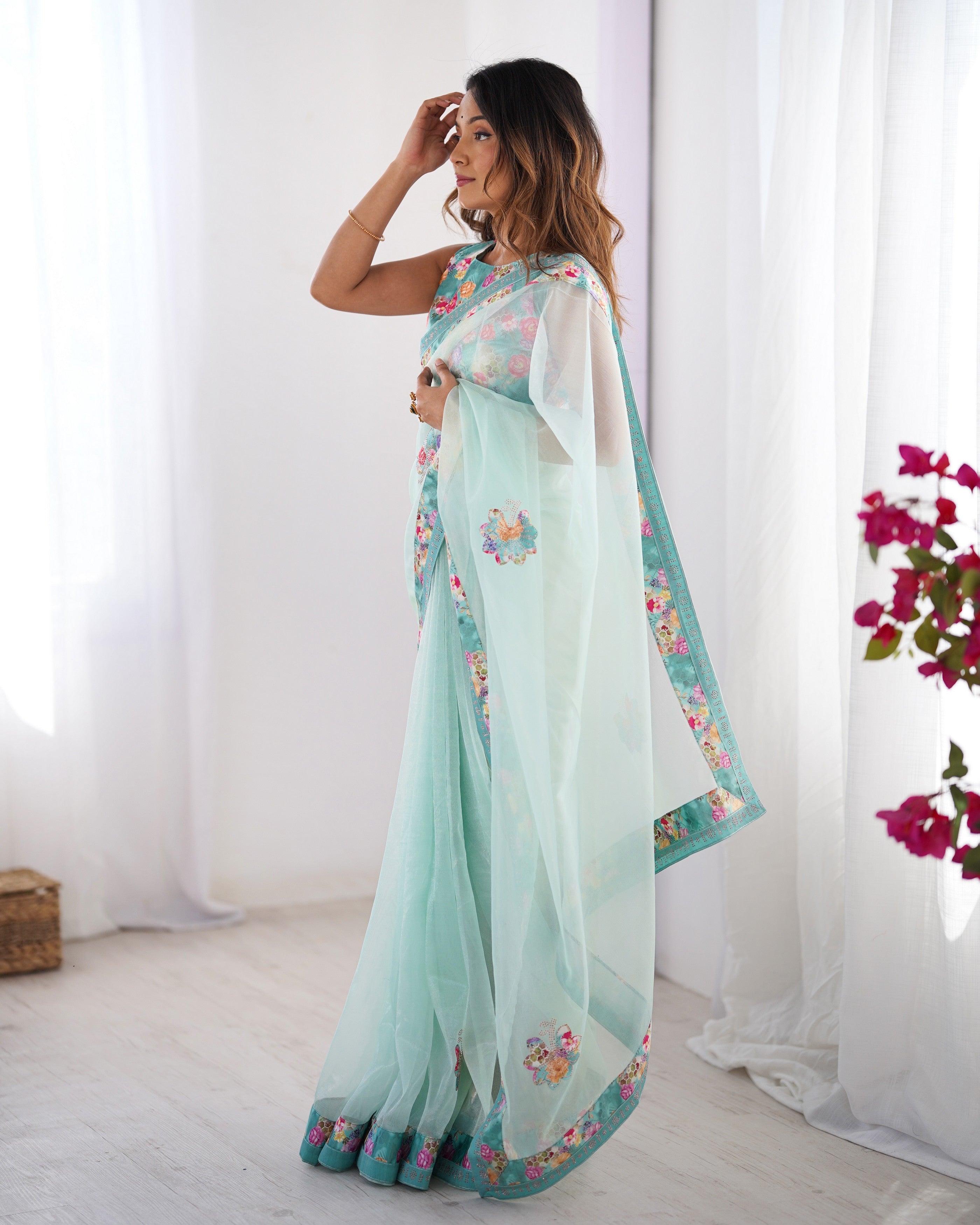 Sea Green Twill Net Designer Printed Swarovski Work Partywear Saree