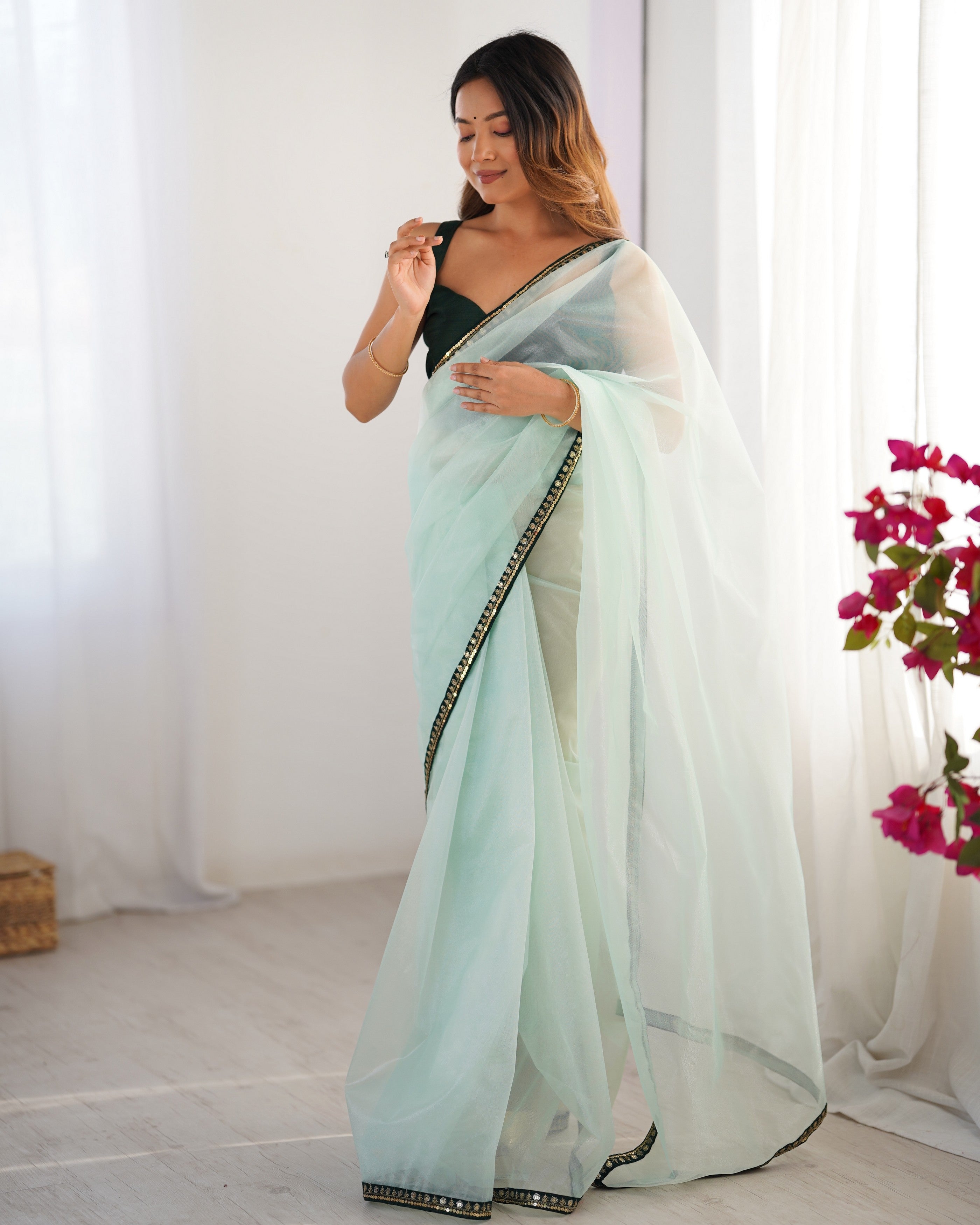 Sea Green Twill Net Embroidery Work Lace Partywear Saree