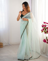 Sea Green Twill Net Embroidery Work Lace Partywear Saree