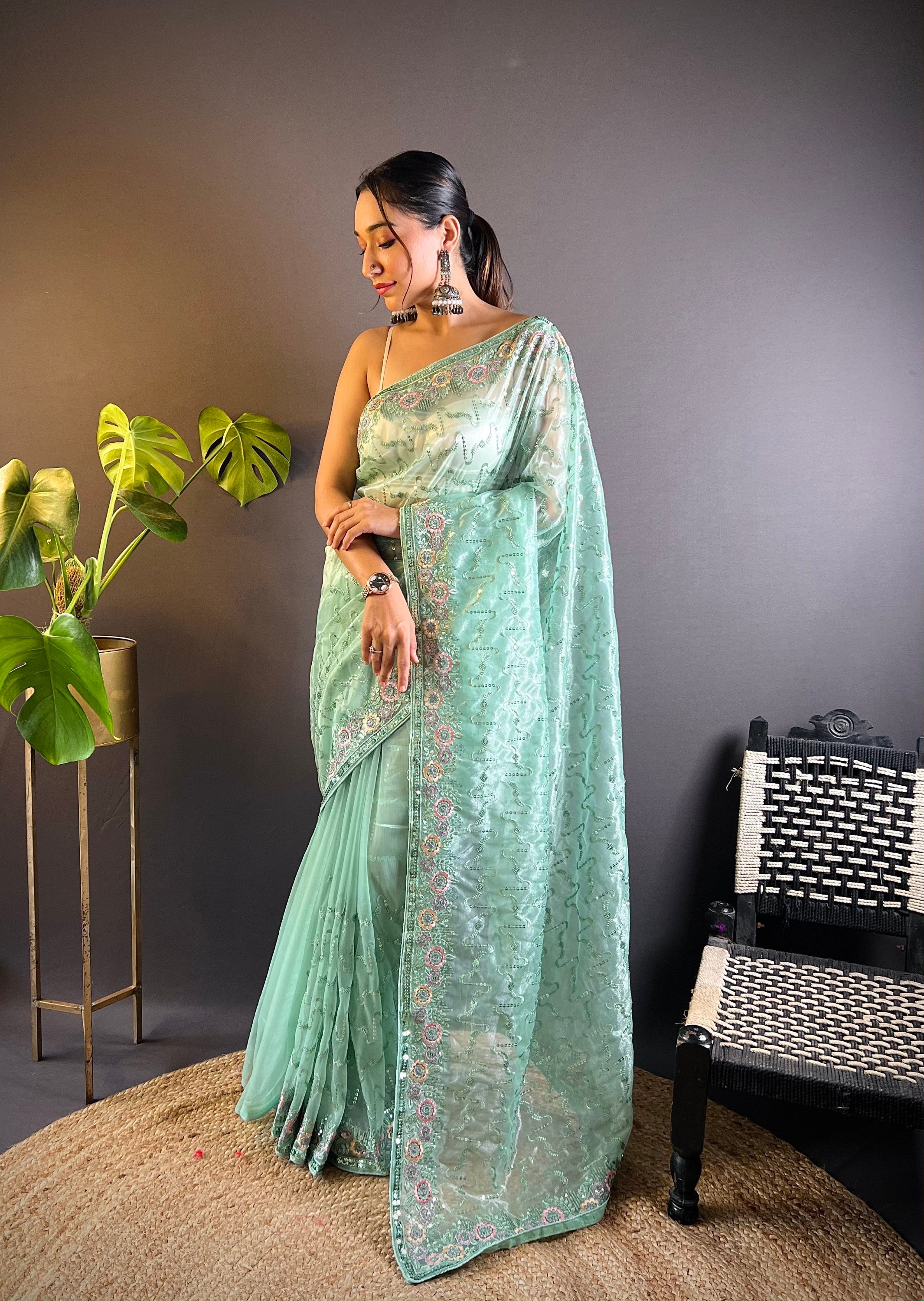Sea Green Twill Net Fabric Designer Girlie Saree With Trendy Embroidered Saree