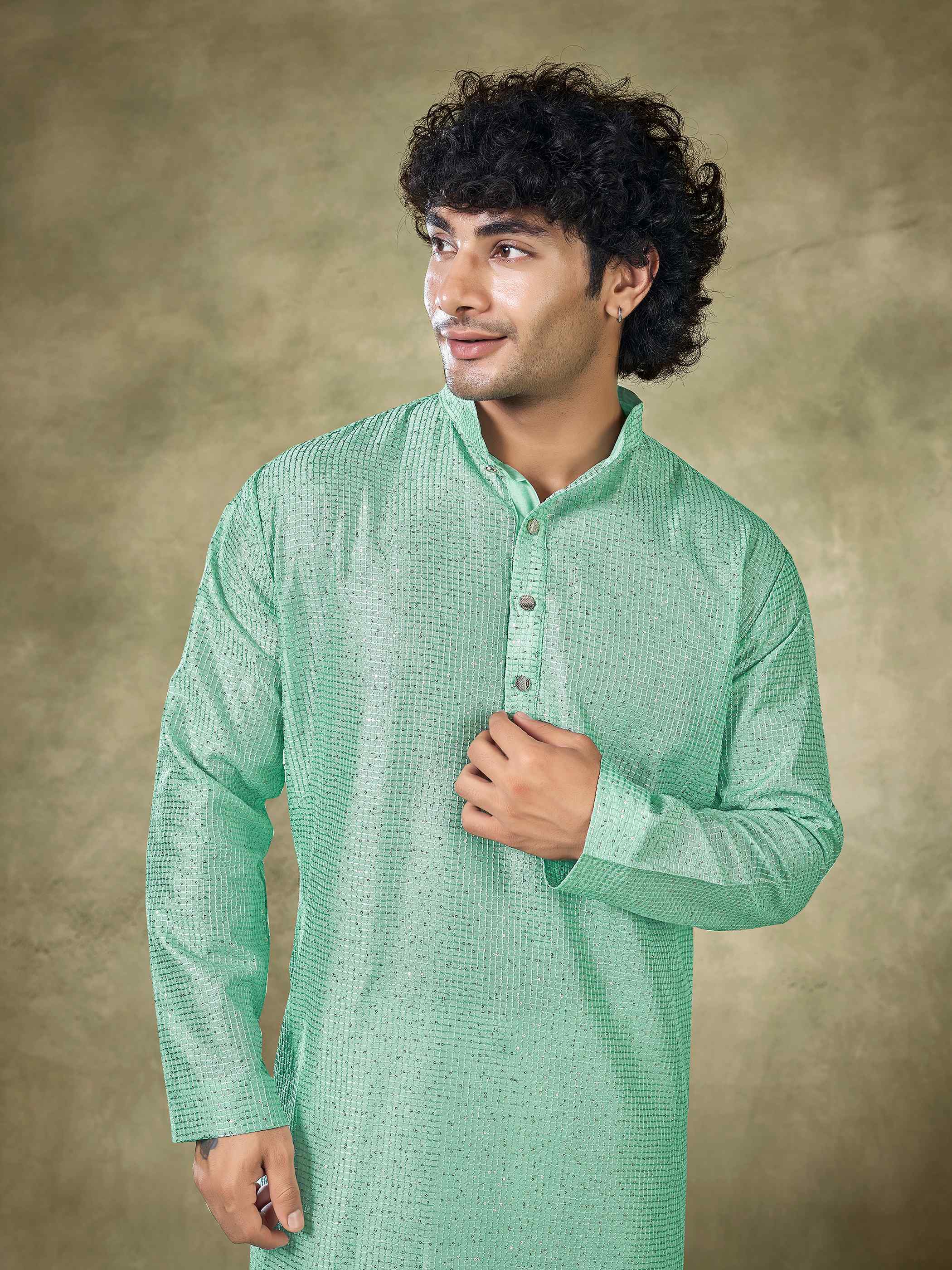 Sea Green Viscose Kurta Payjama with Sequins Work – Made for Evening Weddings