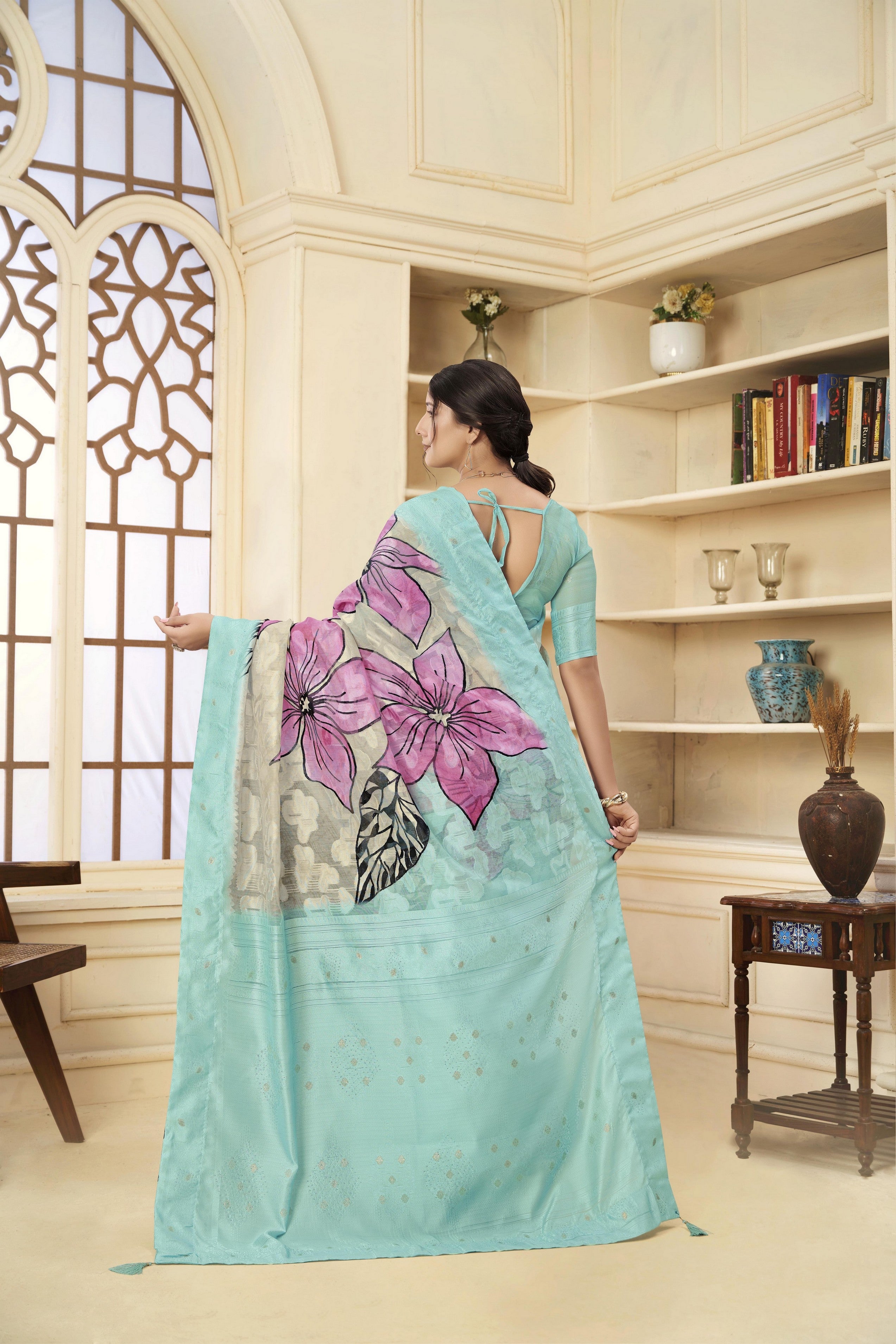 Sea Green Woven Jacquard Designer With Printed Rich Silk Stylish Ceremonial Saree
