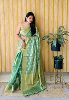 Sea Green Woven Jari Designer Gimichu Silk Partywear Saree