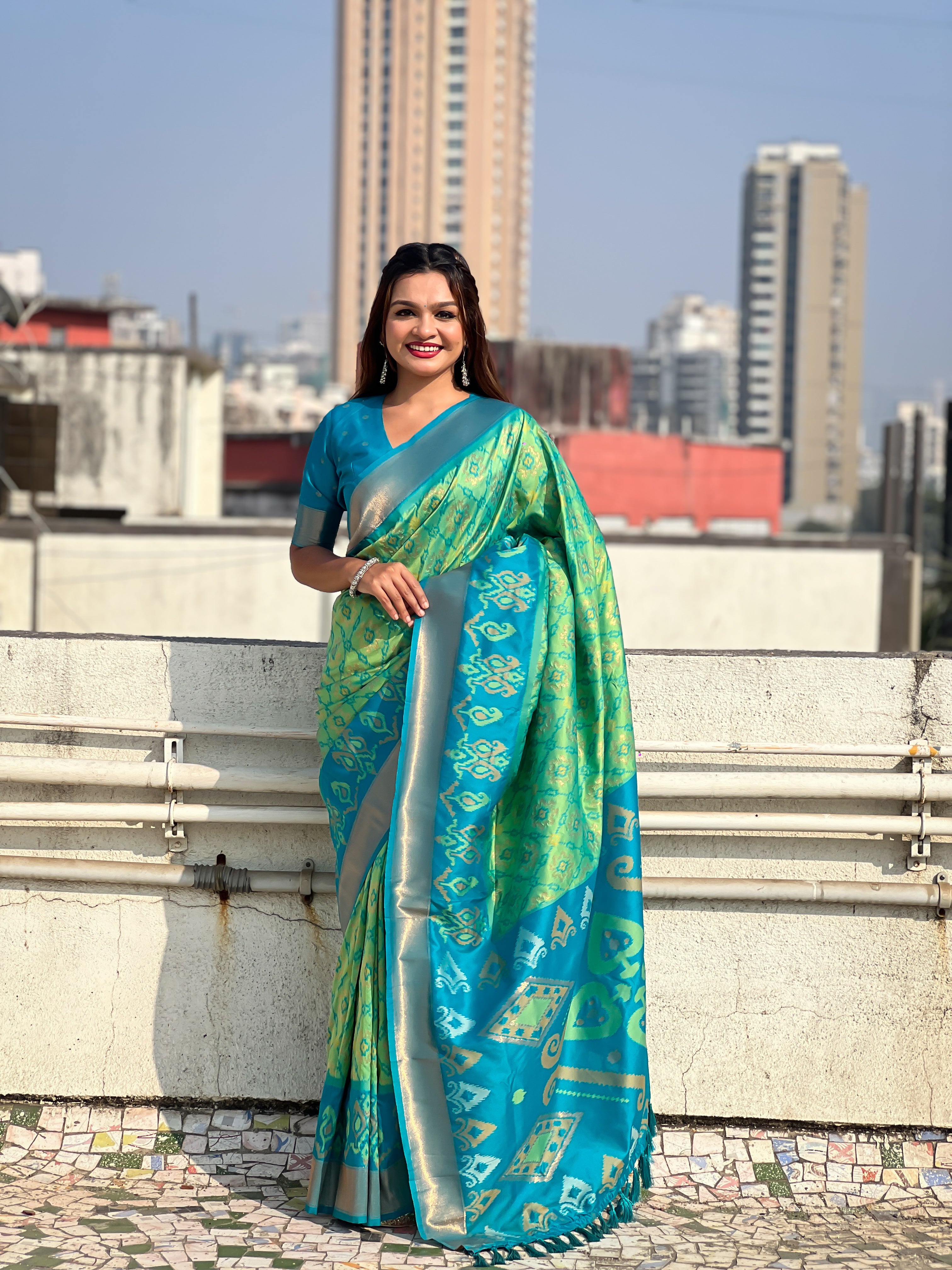 Sea Green Woven Meenakari Ikkat Designer Patola Silk Ceremonial Saree