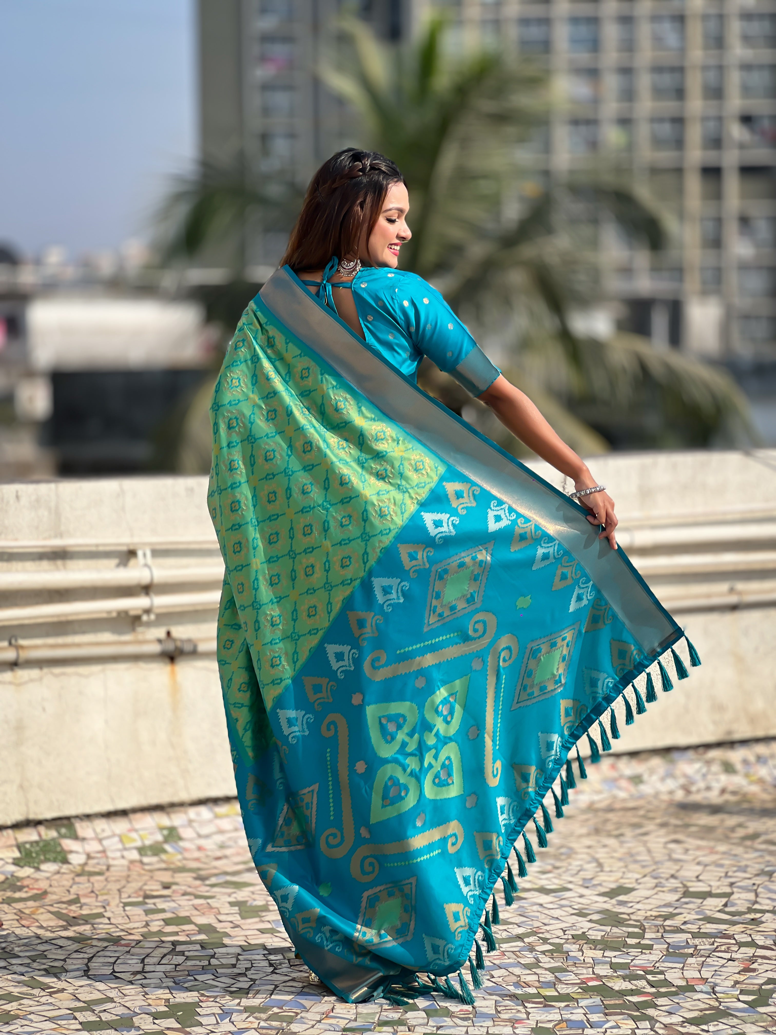 Sea Green Woven Meenakari Ikkat Designer Patola Silk Ceremonial Saree