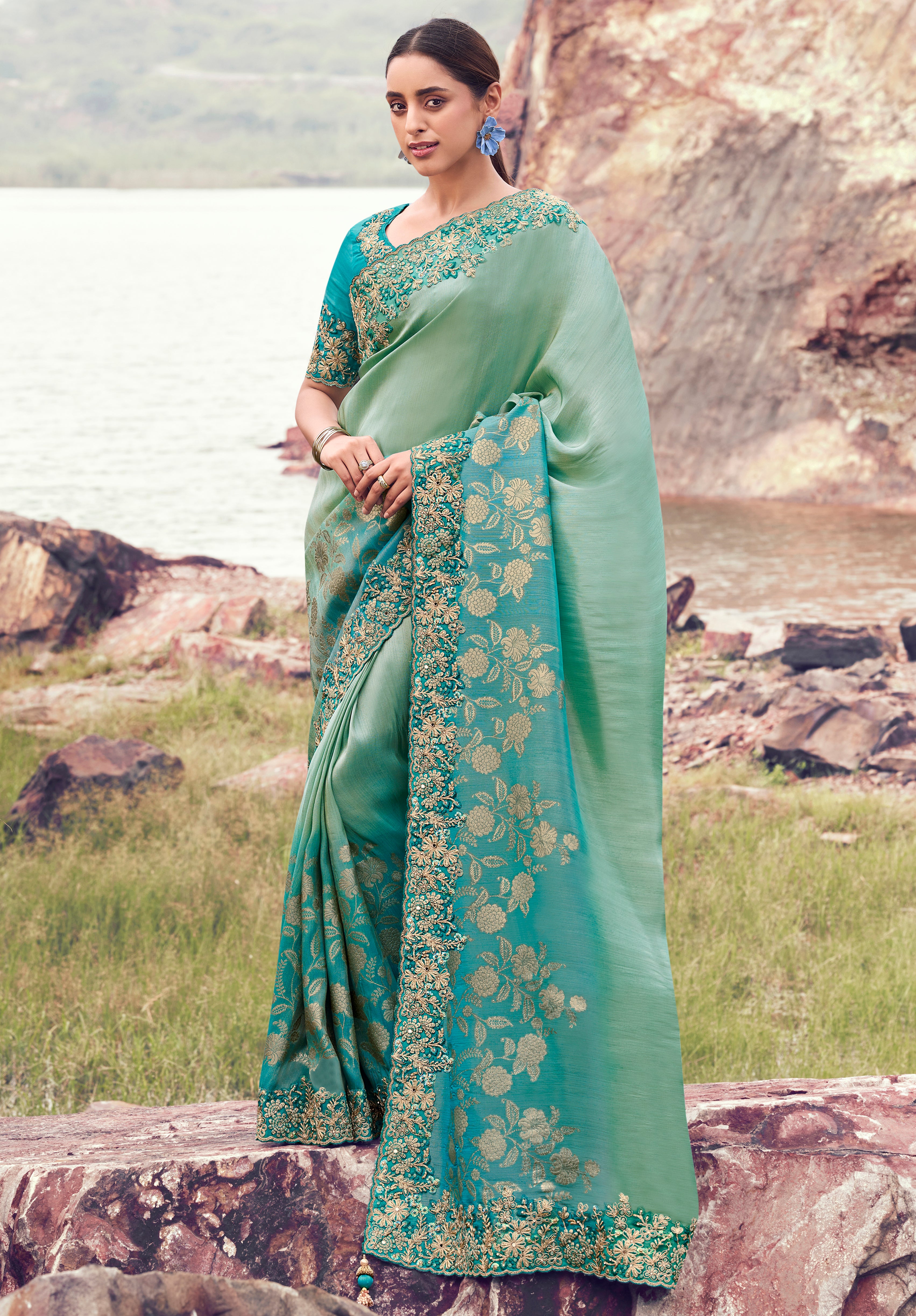 Sea Green & Sky Blue Saree With  Jacquard Woven With Embroidered Border & Blouse
