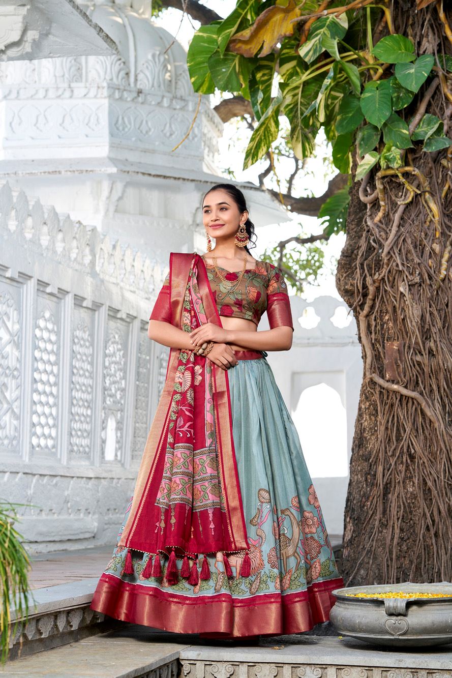 See Green Dola Silk Lehenga with Kalamkari Print and Rich Zari Woven Border