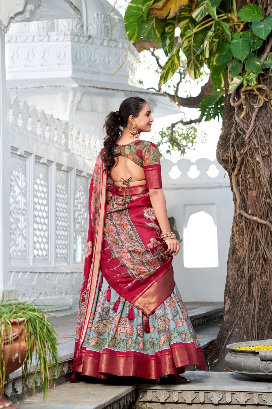See Green Dola Silk Lehenga with Kalamkari Print and Rich Zari Woven Border