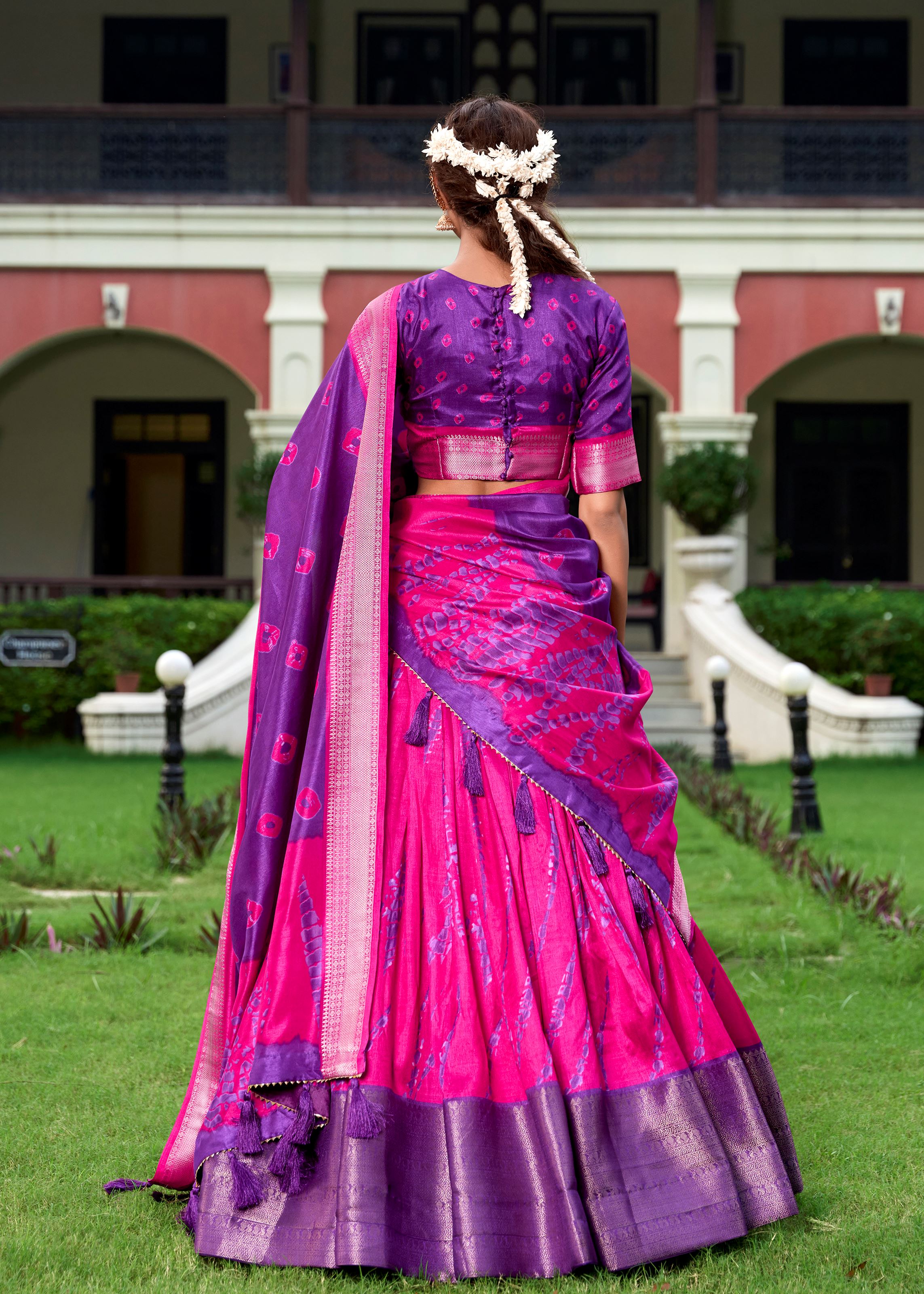 Shibori Elegance in Silk Pink Dola Lehenga with Rich Zari Weaving Border