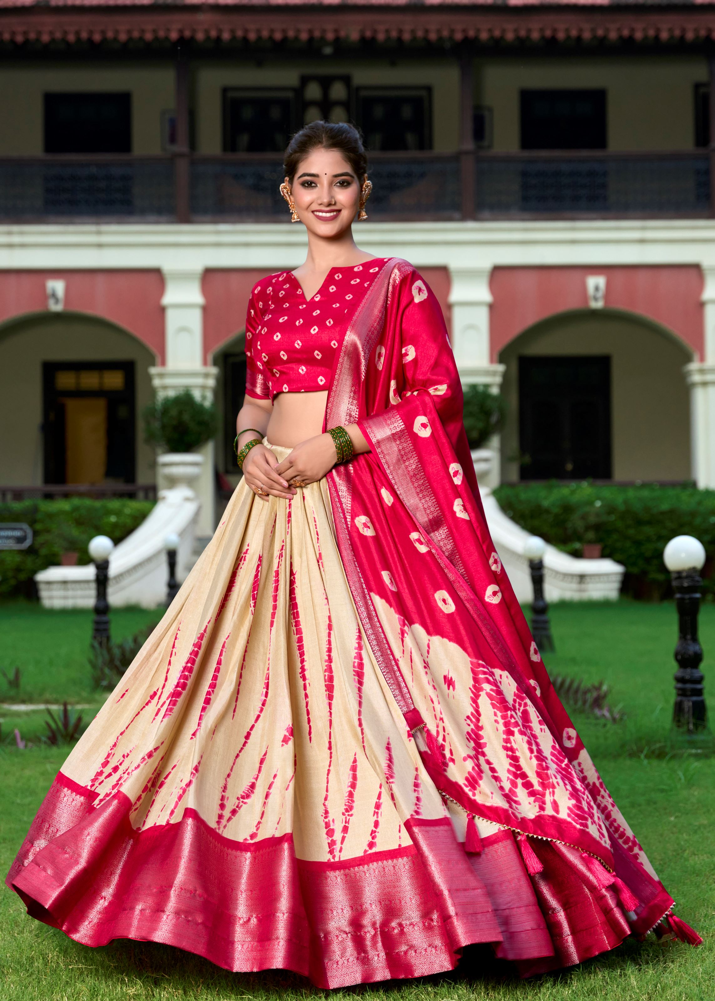 Shibori Elegance in Silk Red Dola Lehenga with Rich Zari Weaving Border