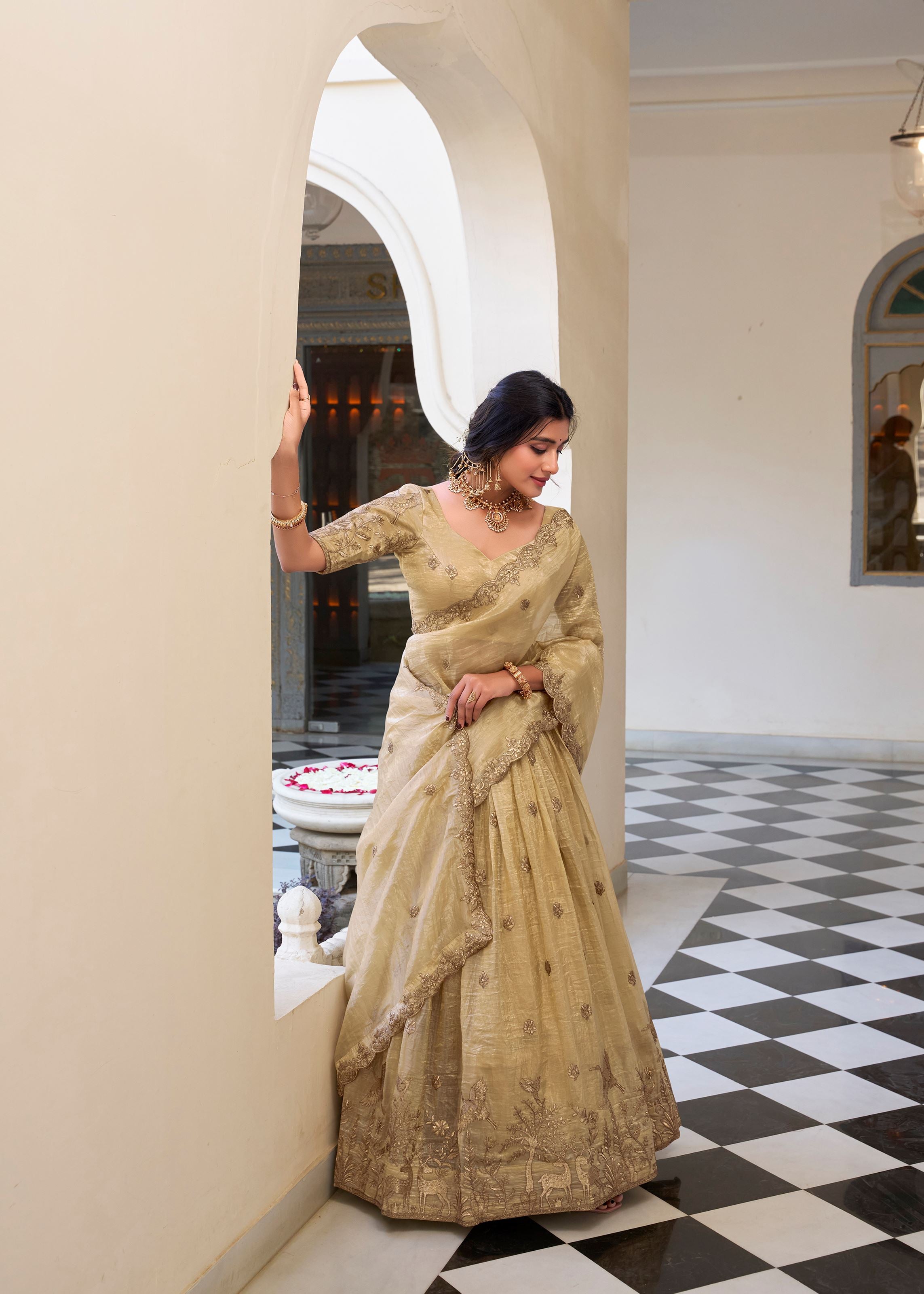 Shine Bold in Off White  Gold Crush Lehenga with Sequin & Thread Detailing