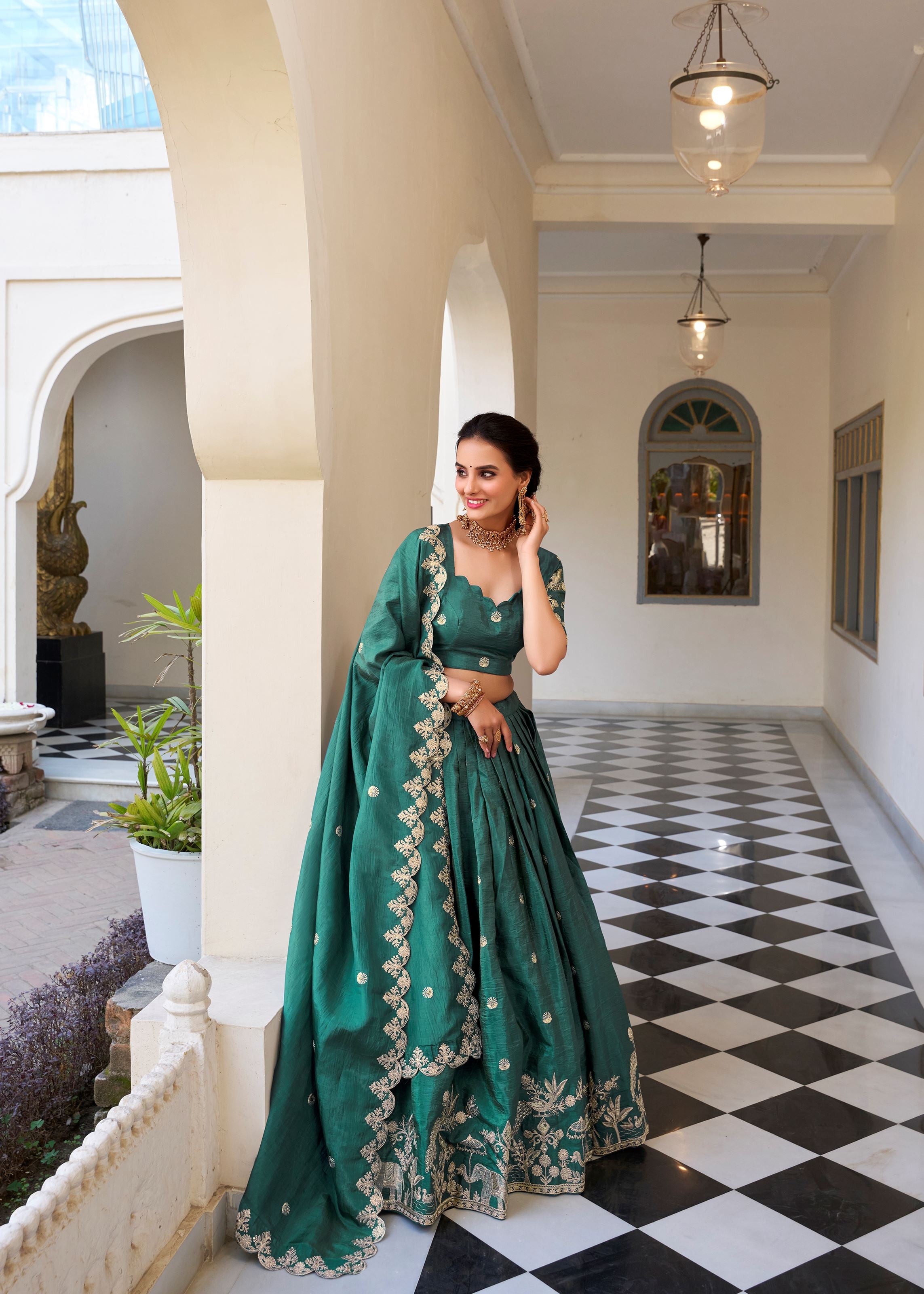 Shine Bold in Teal Gold Crush Lehenga with Sequin & Thread Detailing