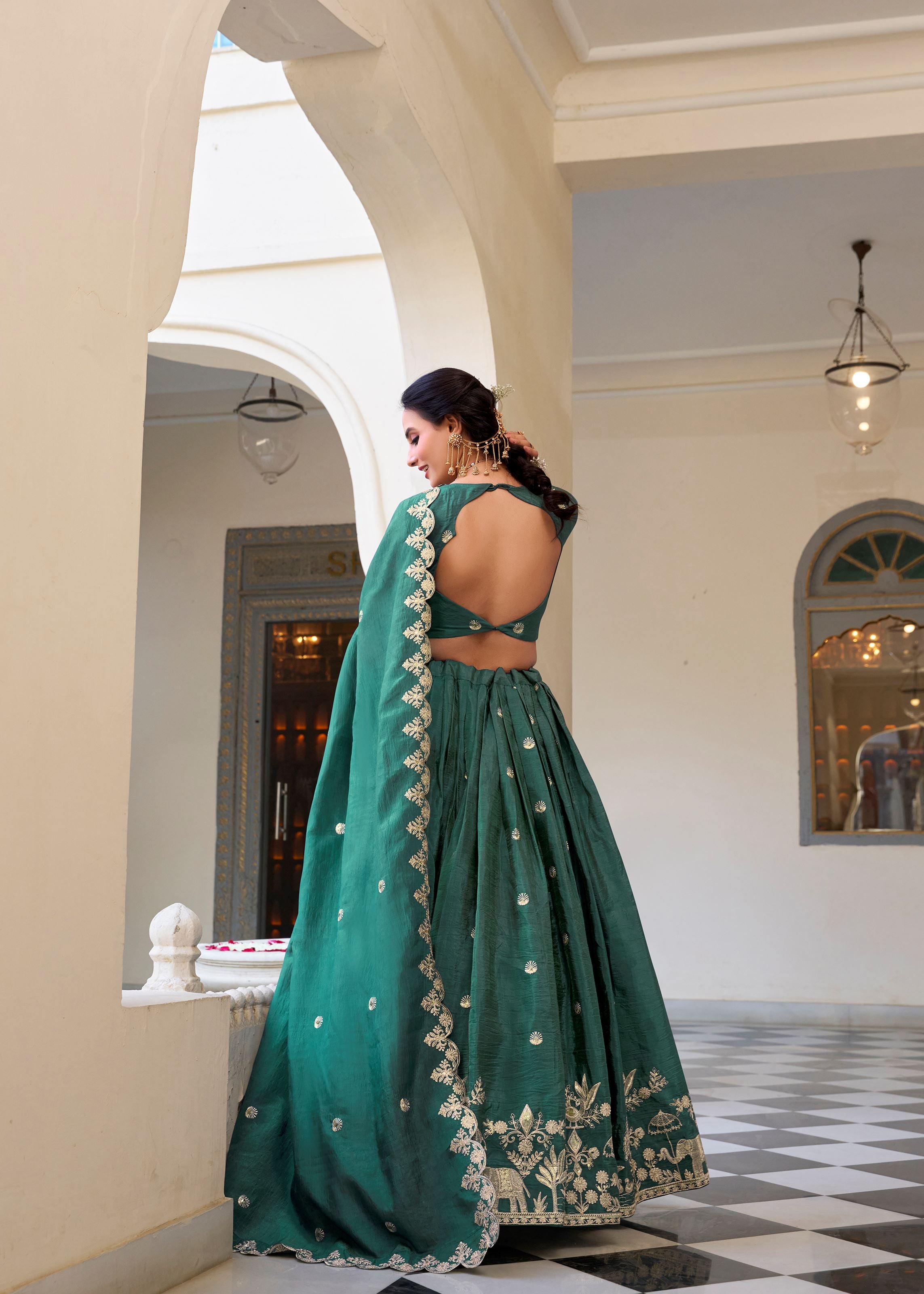 Shine Bold in Teal Gold Crush Lehenga with Sequin & Thread Detailing
