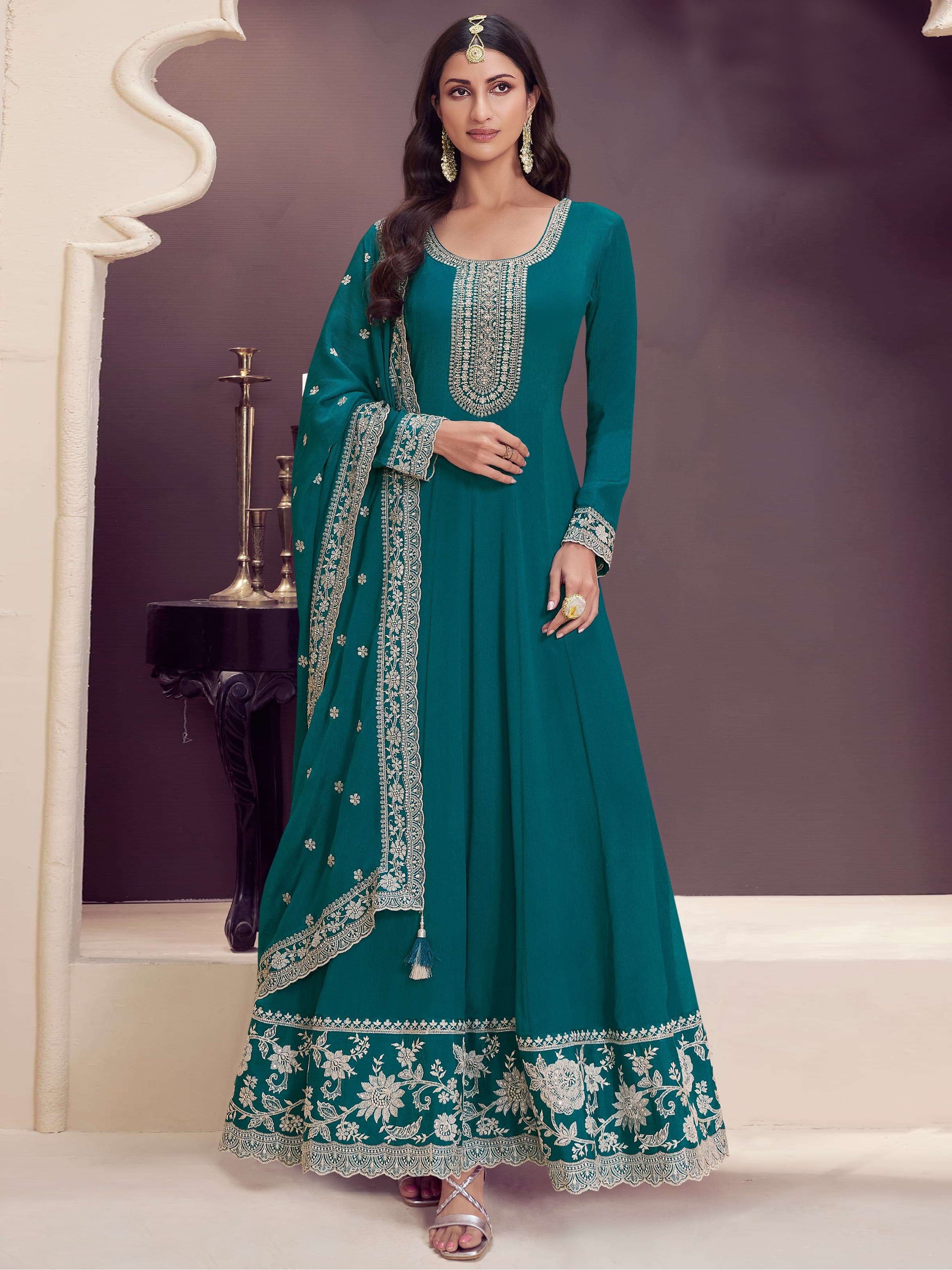 Sky Anarkali Suit With Heavy Embroidery Work