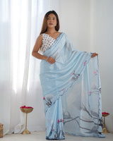 Sky Blue Beautiful Chinon Fabric Digital Printed Saree With Mirror Cut Work
